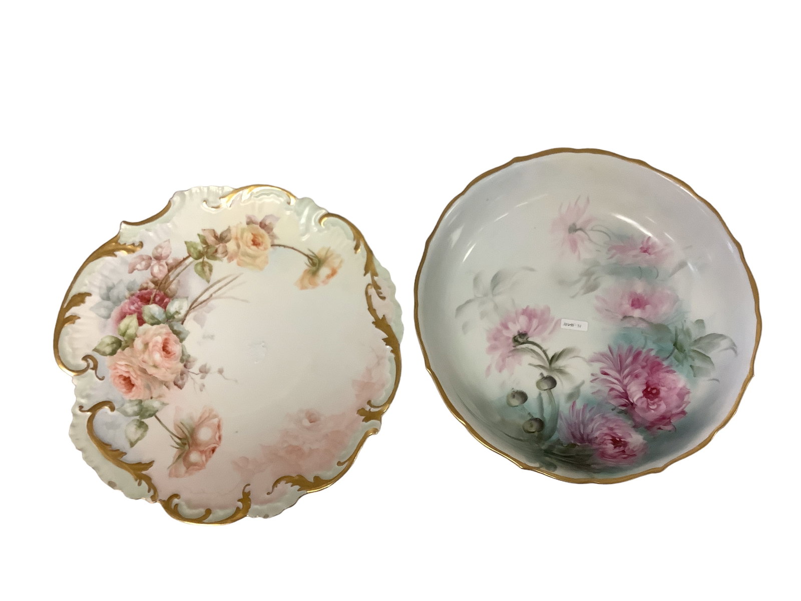 Large Porcelain Serving Plater And Deep Serving Bowl: Large Porcelain Serving Plater And Deep Serving Bowl Serving bowl is 3î inches deep and 12î inches in diameter. Bowl is hand painted with pink peonies with shades of green background, gold t
