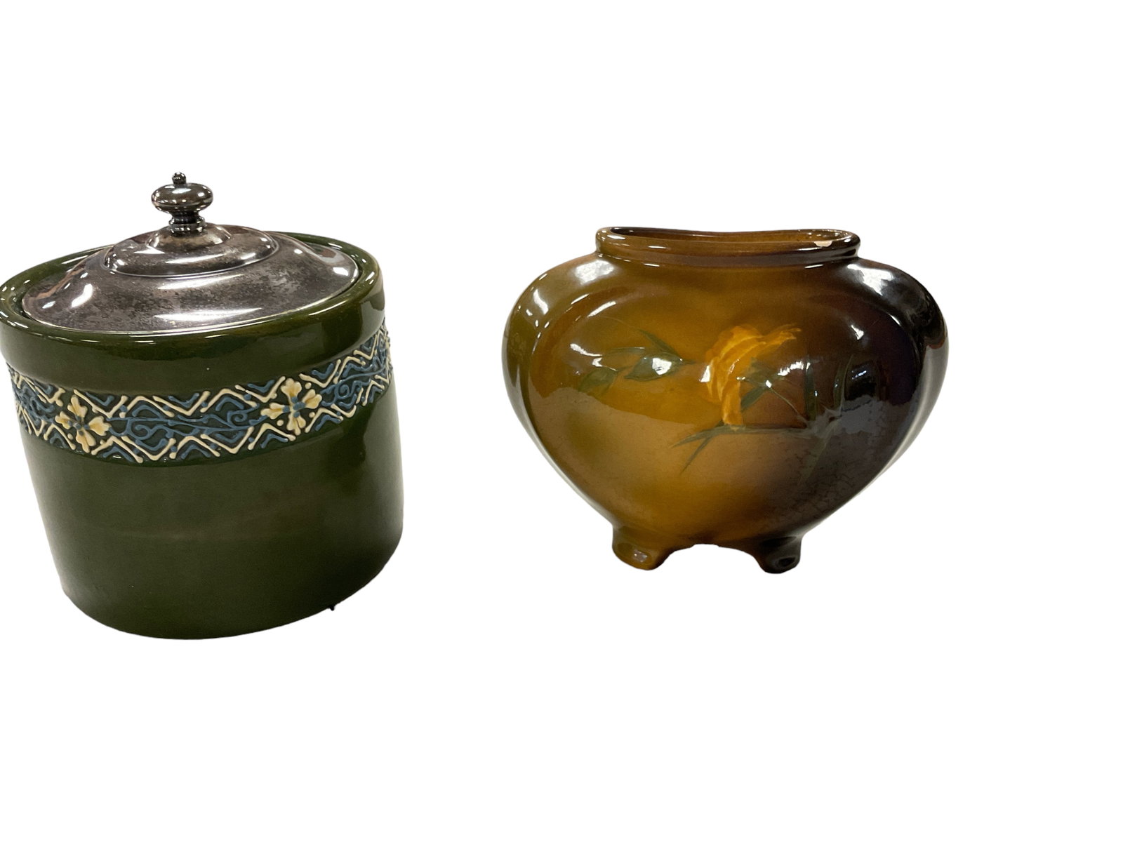 Weller Pottery "Lowers" and "Turara": Weller Pottery "Lowers" and "Turara" LOUWELS 5.5î T w/ chip. Turara 4.5î T w/ metal lid.