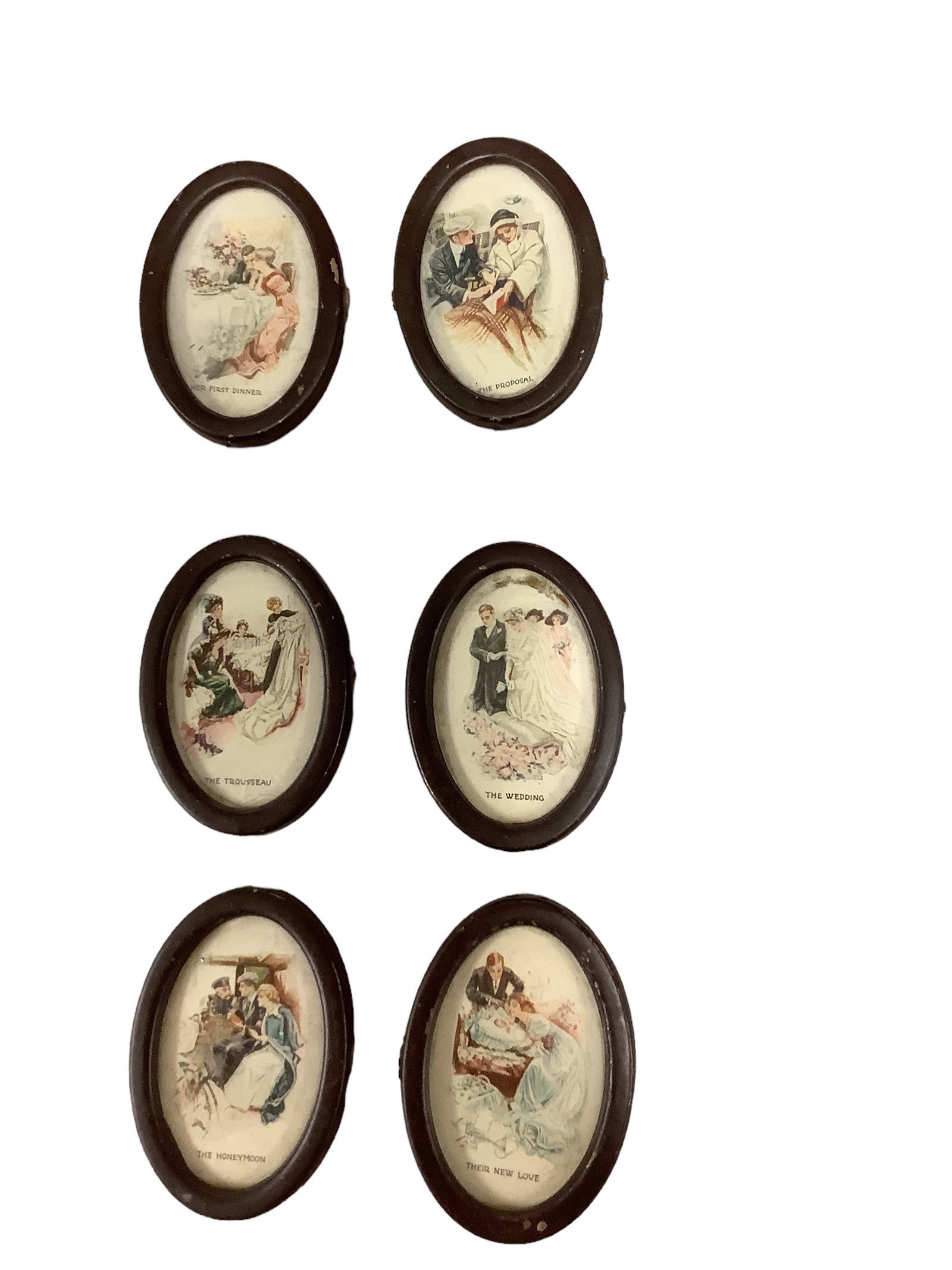 Framed Miniature Stages of Love by Reinthal & Newman: Framed Miniature Stages of Love by Reinthal & Newman Lot of 6. Each oval frame measures 2.5î long.