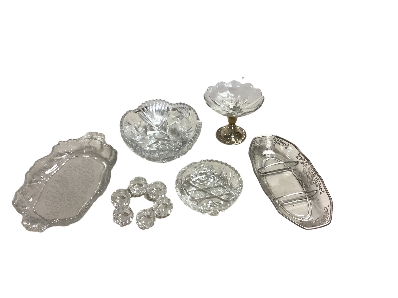 Assortment of Brilliant Cut Glass, Clear Glass with Sterling Silver Accents and Clear Etched Glass: Assortment of Brilliant Cut Glass, Clear Glass with Sterling Silver Accents and Clear Etched Glass Cut glass includes a 6î & an 8î bowl and (6) salts. Etched piece is an 8î handled serv