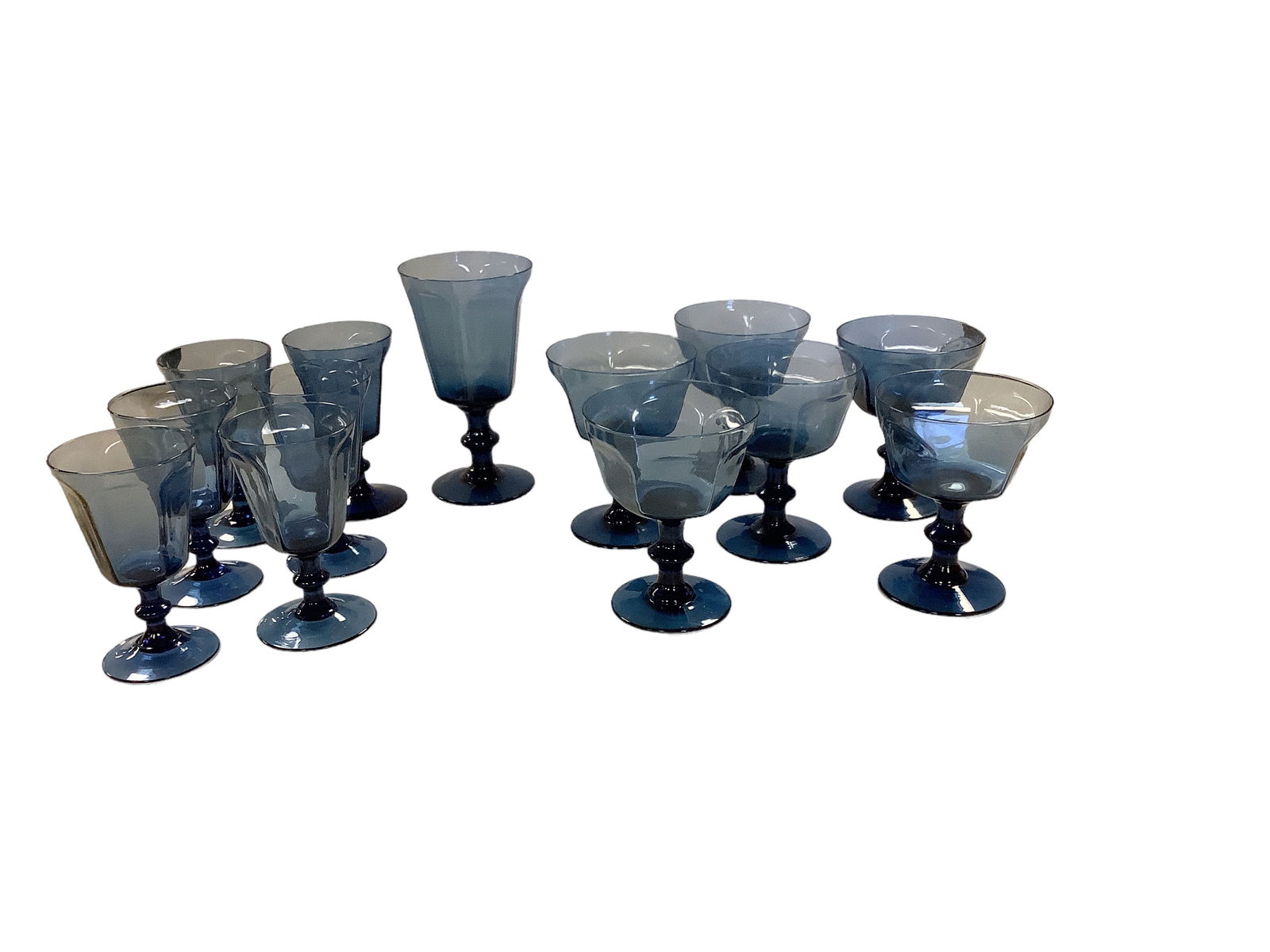 Vintage Lenox: Vintage Lenox Lot of 13. Includes (6) juice glasses, 5îH, (6) wine glasses, 5îH, and (1) water goblet, 6.75îH, all are dark blue.