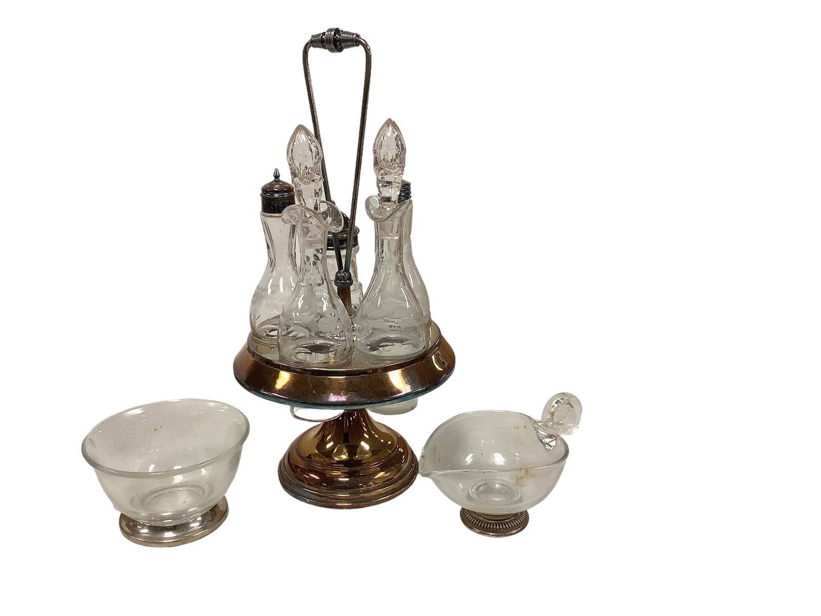 Vintage Cruet Set with Silver Plate Base, Open Creamer and Small Bowl (1 of 1)