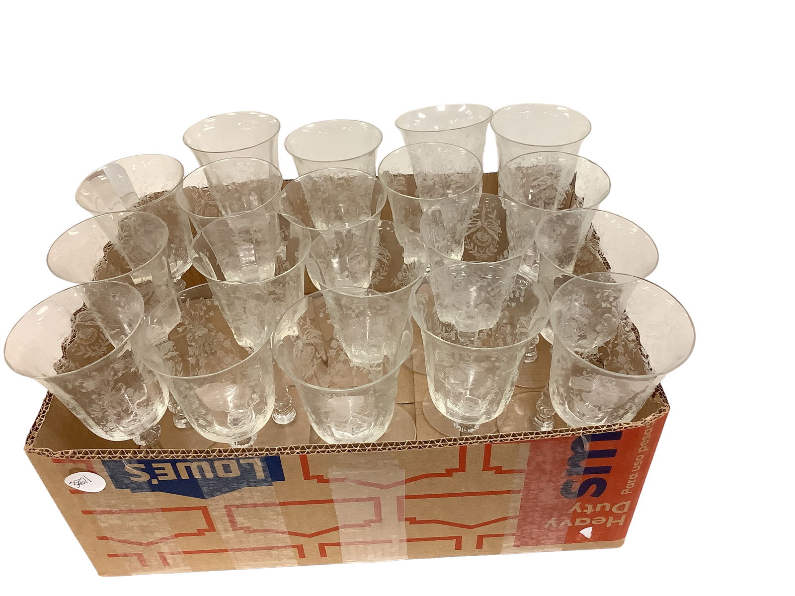 Heisey: Heisey Lot of 19. #5025 Tyrolean Orchid etch goblets, one with chip on rim.