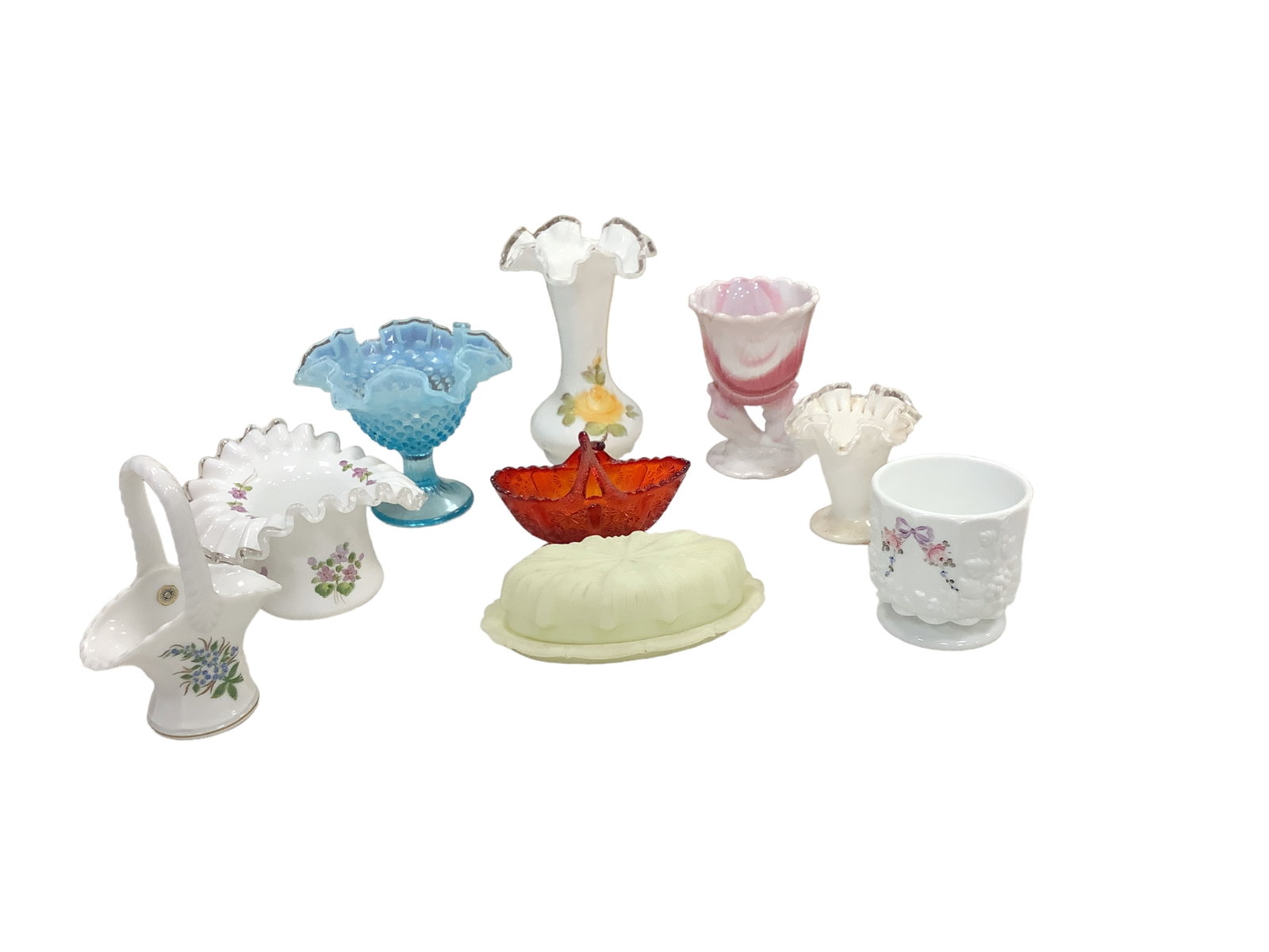 Art Glass Pieces: Art Glass Pieces Lot of 9. Including Fenton, Westmoreland & LE Smith. Pieces as pictured.