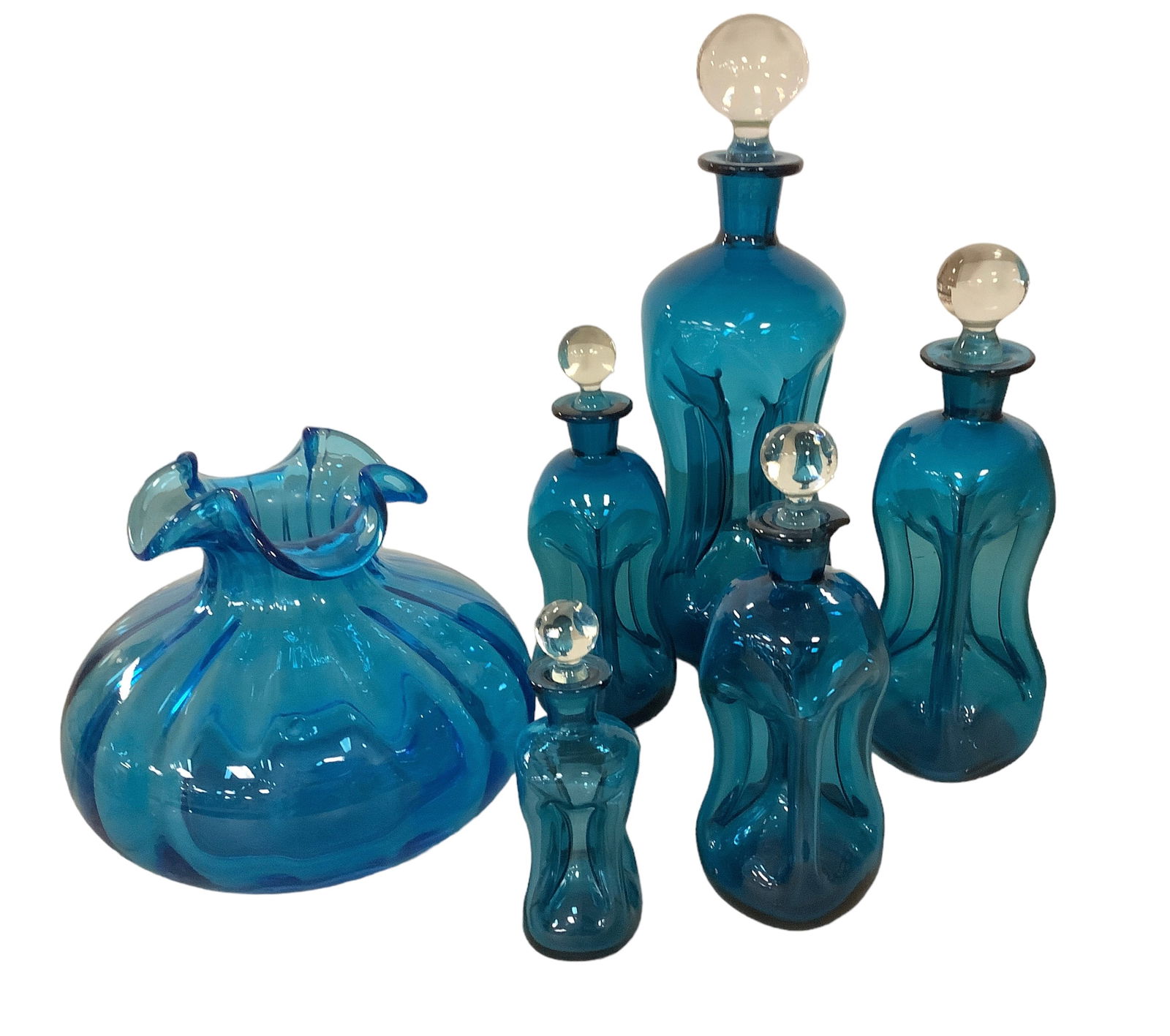 MCM Kastrup Holmegaard Aqua Blue Decanters and Handblown Onion Vase (1 of 3)