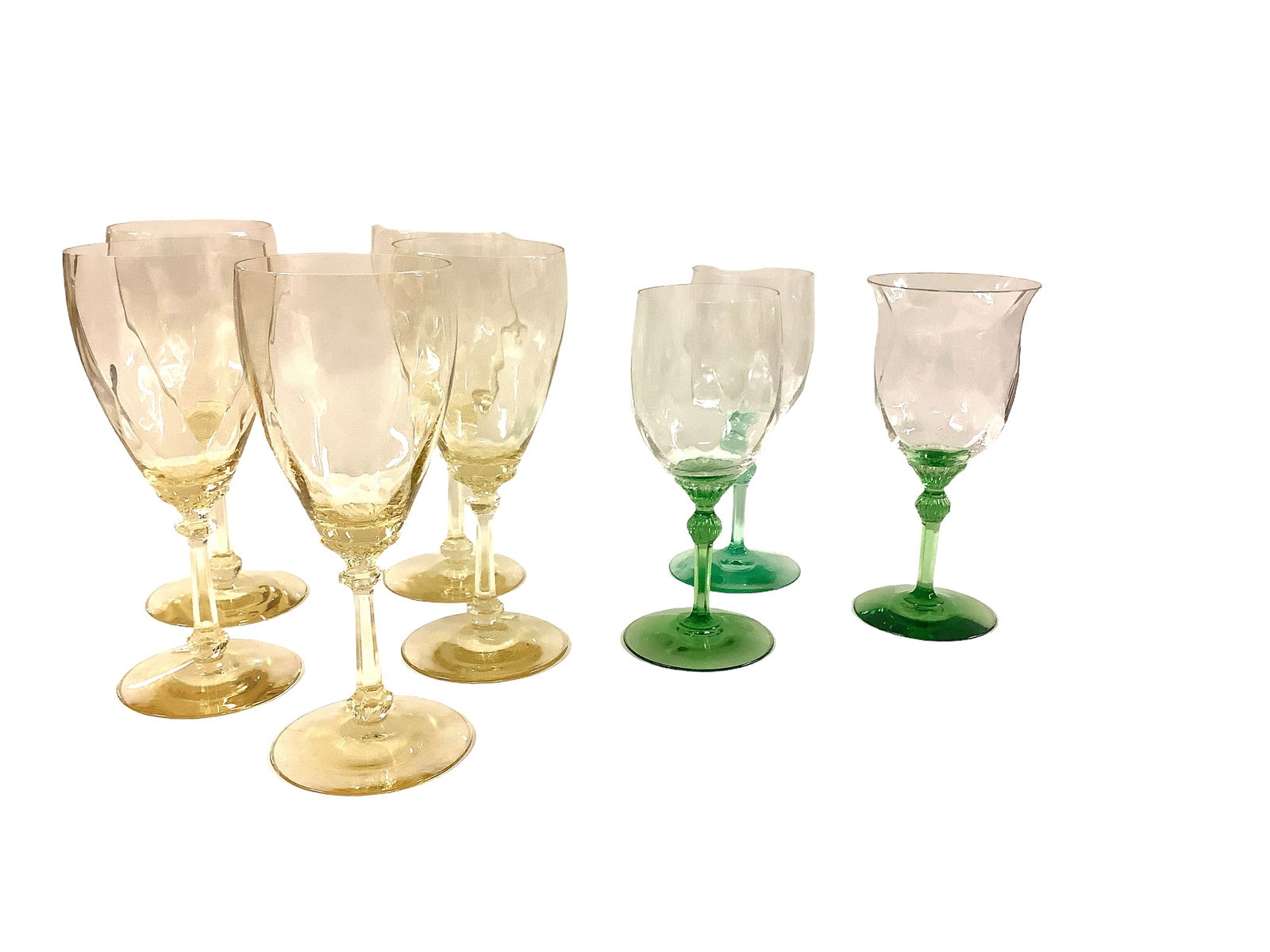 Heisey: Heisey Lot of 8. Includes (5) Old Dominion Sahara goblets, (2) King Arthur moongleam stem and base goblets and a Fairacre moongleam stem and base goblet.