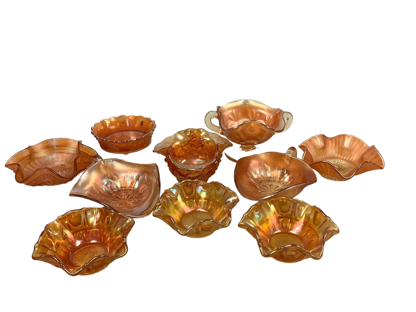 Various Marigold Carnival Glass (1) Northwood: Various Marigold Carnival Glass (1) Northwood (6) dessert cups (2) candy bowls (2) nut bowls