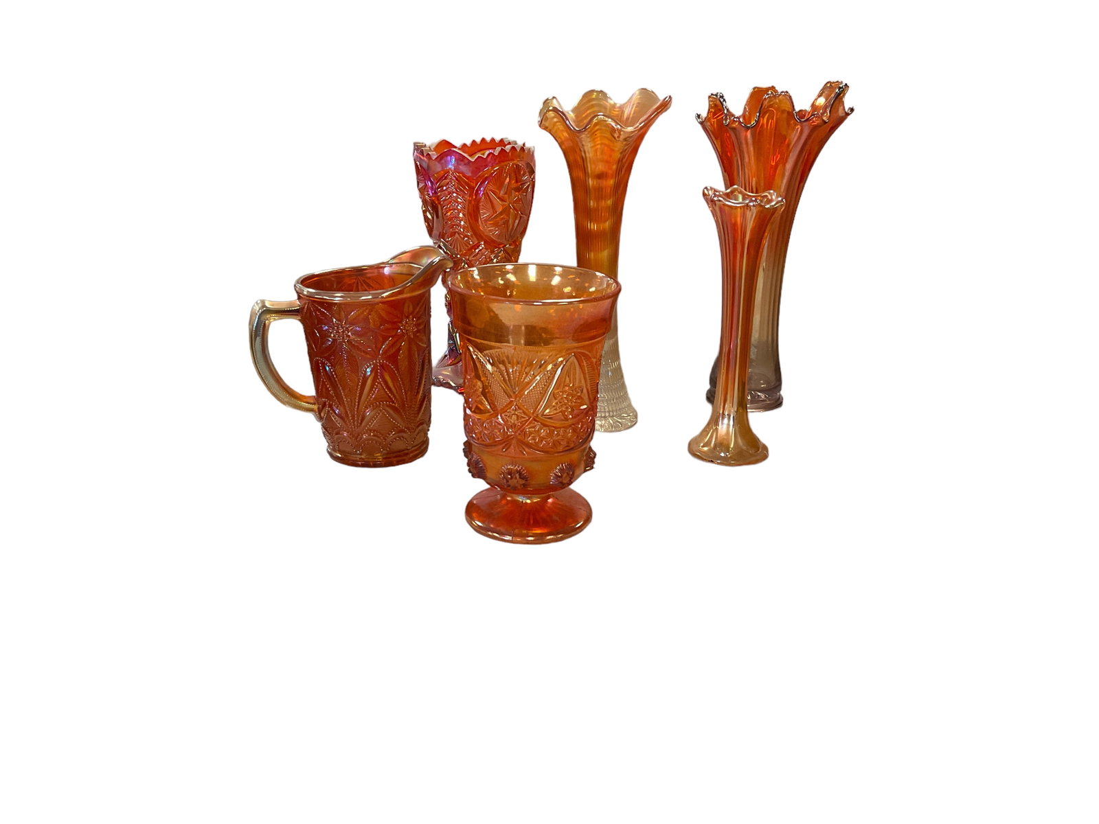 Carnival Glass Vase and Pitcher Marigold: Carnival Glass Vase and Pitcher Marigold Lot of 6. Ranging from 6.5î to 10.5î H. (1) Pitcher 6.5î H unmarked.
