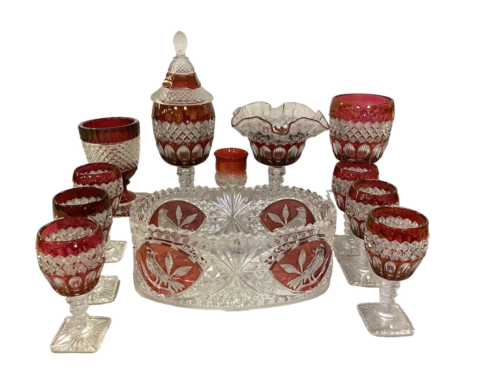 Rub Red Clear Cut Glass: Rub Red Clear Cut Glass Westmoreland Ruffled Compote Dish 5îH and 4.75î in diameter, Candy Dish 10.5îH. Hofbauer of West Germany Bowl Diamond Patterned Stemmed 4.5î small wine glas
