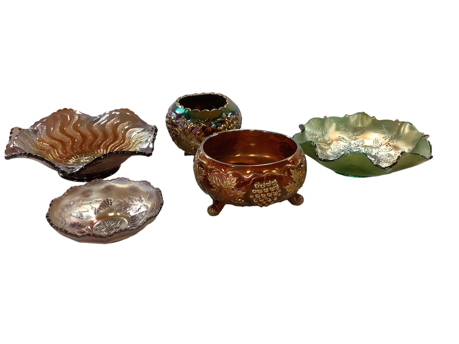 Fenton Glass: Fenton Glass Fenton iridescent green ruffle bowl with leaf and berry pattern 9îD x 2.5îH. Fenton red ìGrapes & Leavesî three-footed bowl 6îD x 3.5îH. Fenton iridescent am