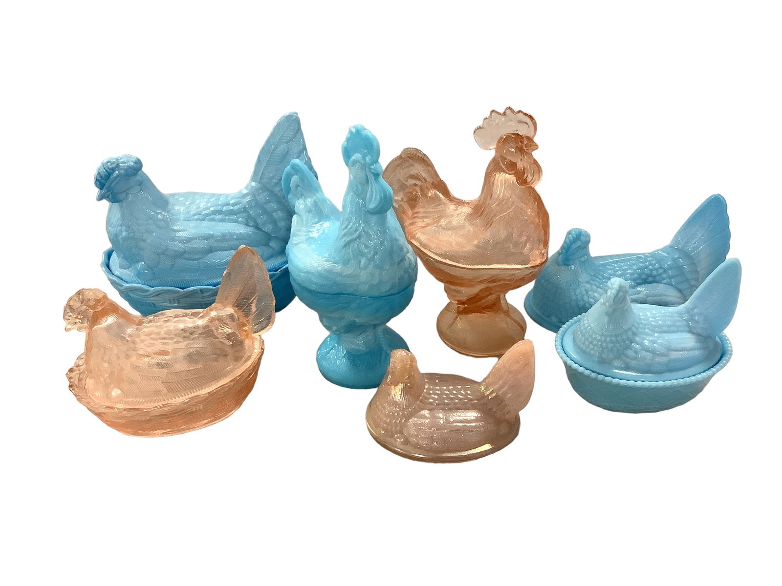 ìHens On Nestsî: ìHens On Nestsî (5) complete sets and (2) Hens varying in size 5î to 8î inches. The Roosters are 8.5î inches tall.