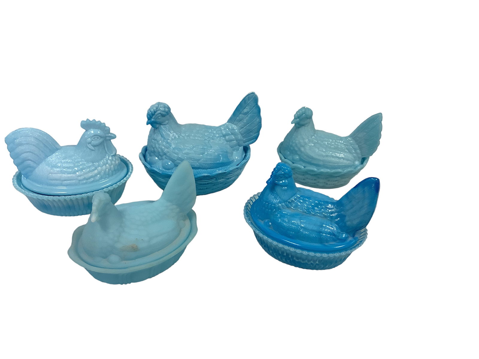 Blue Hens on Nests - Boyd & Fenton: Blue Hens on Nests - Boyd & Fenton Lot of 5. (1) blue satin 6î long marked Fenton. (2) marked Boyd and (2) unmarked.