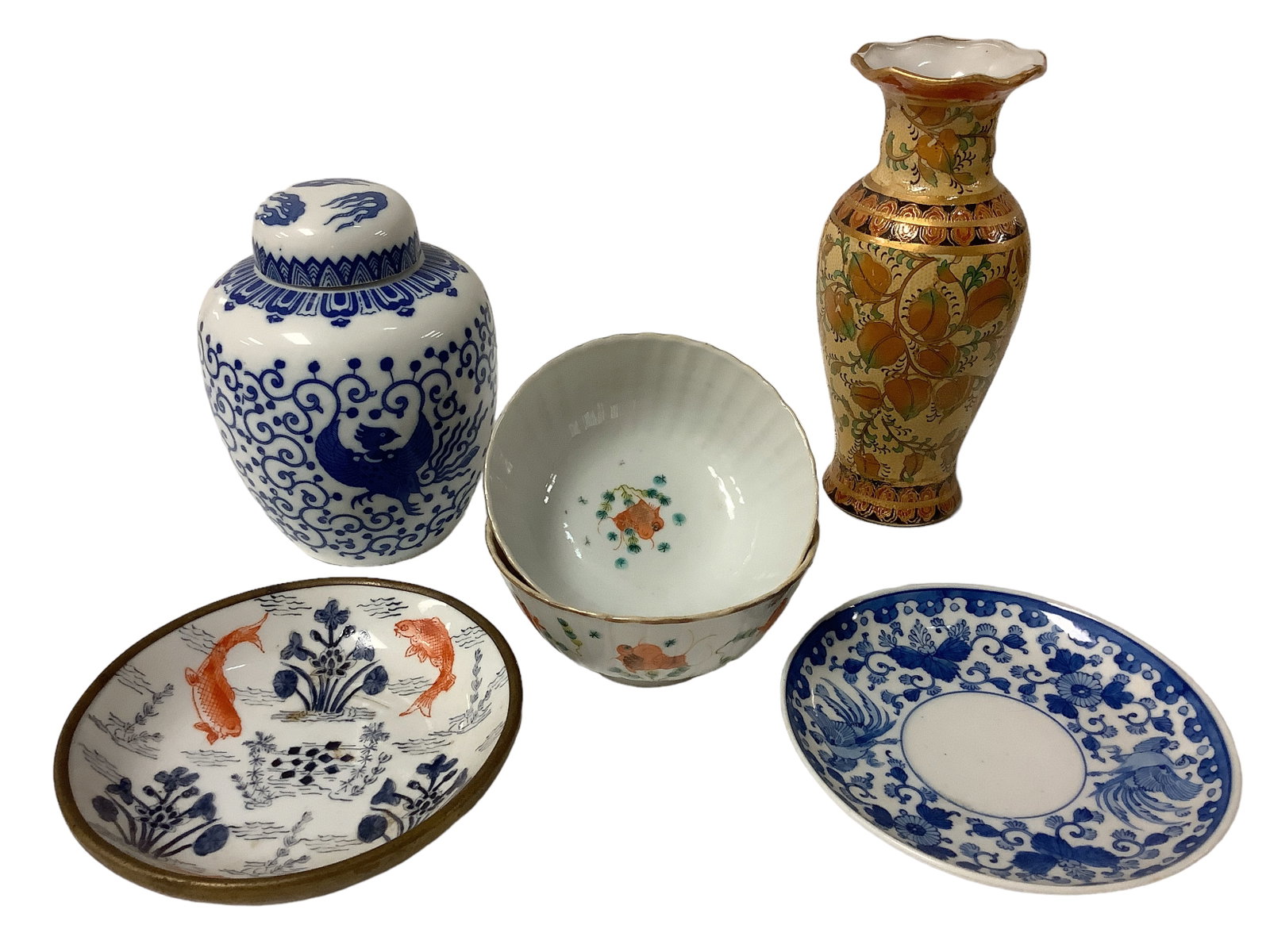 2 Rice Bowls, Ginger Jar, Brass Bowl, and Cloisonne Vase: 2 Rice Bowls, Ginger Jar, Brass Bowl, and Cloisonne Vase CloisonnÈ raised paint vase with green and brown background measures 8î inches in height. Blue and White ginger jar measures 6î 