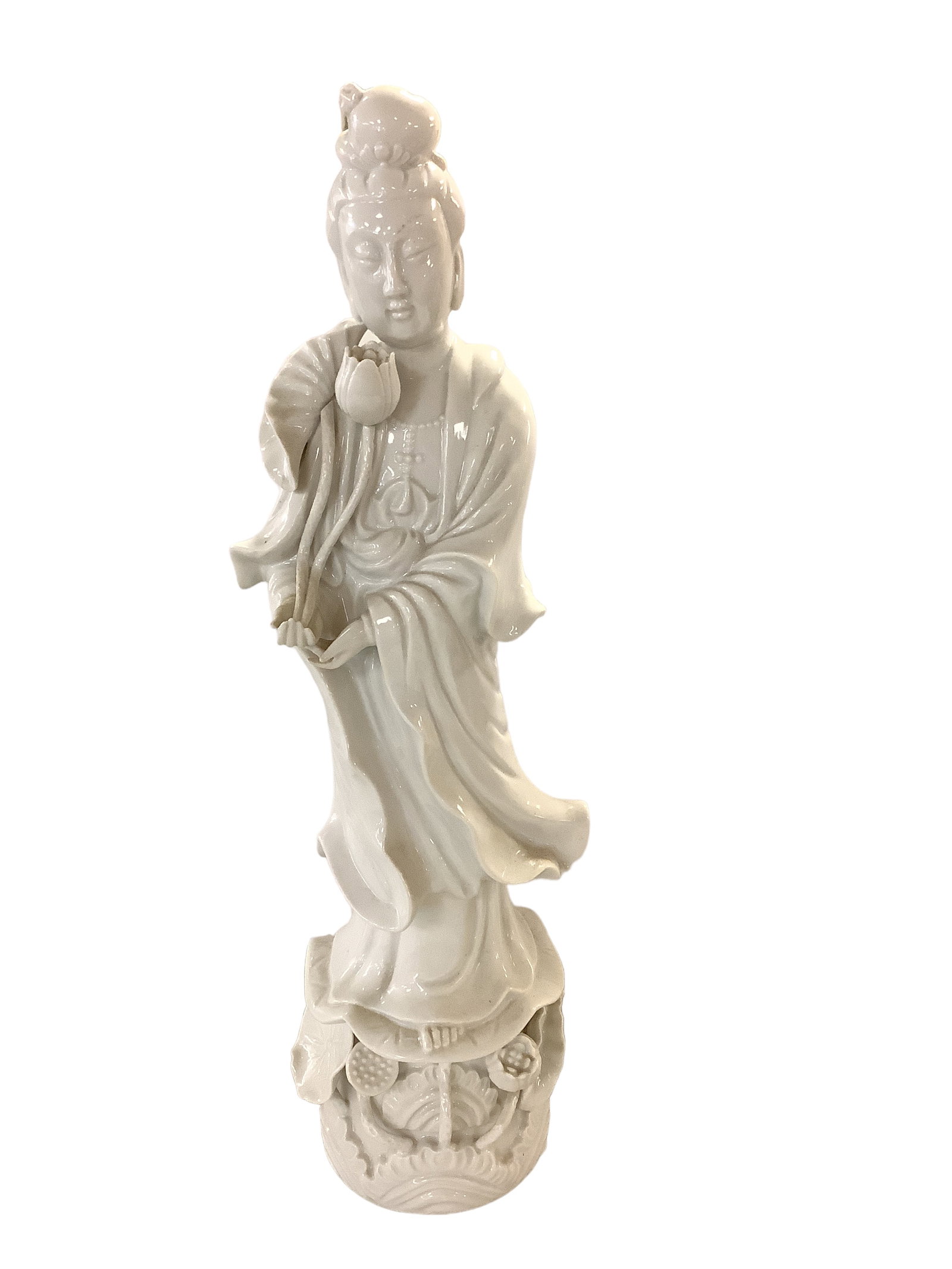 Quan Yin Statue: Quan Yin Statue Statue is porcelain glazed like ceramic measuring 20î inches in height decorated with lotus leaves and flowers.