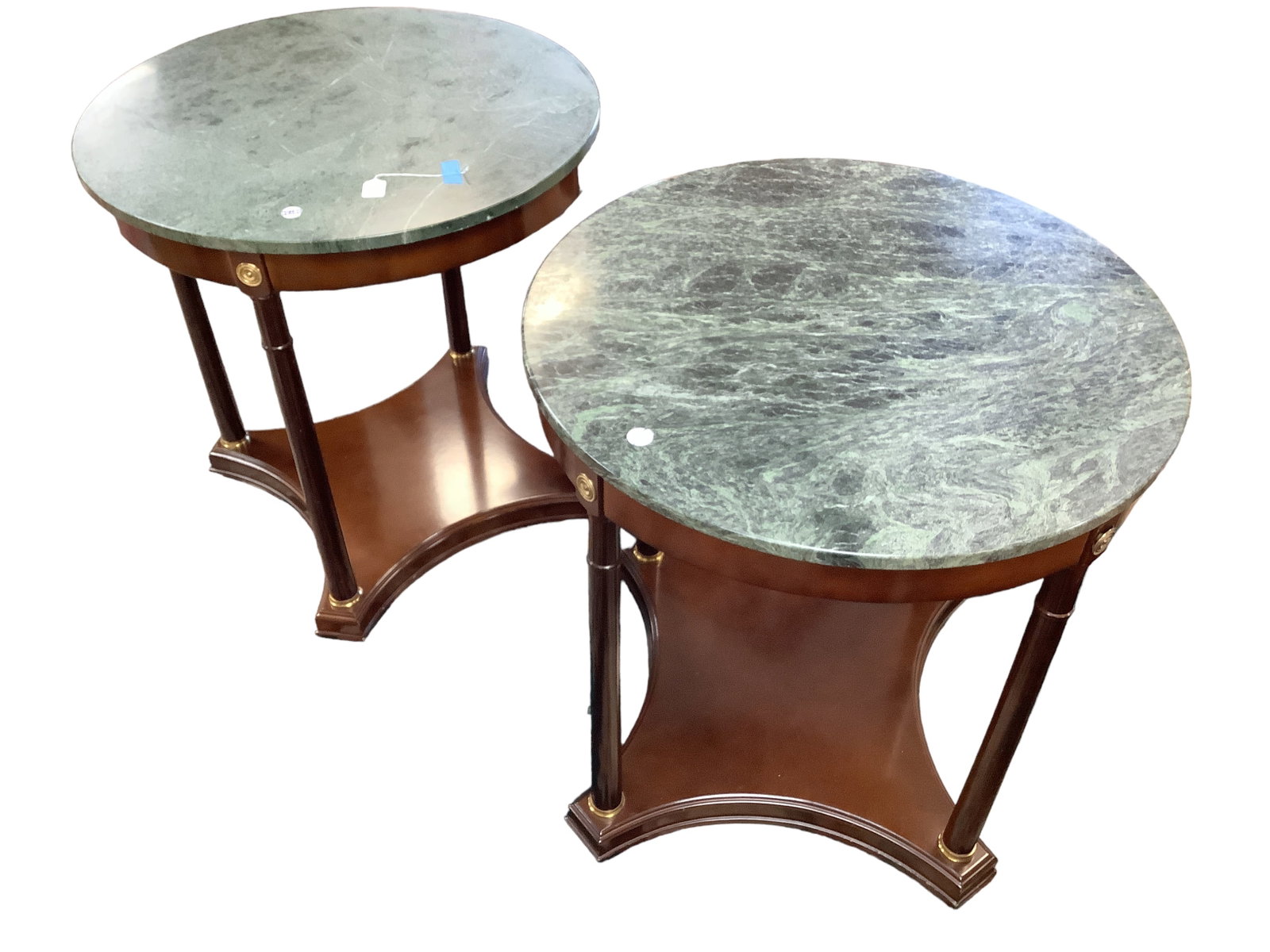 Pair of Federal Style Mahogany Stands with Green marble Tops: Pair of Federal Style Mahogany Stands with Green marble Tops 29" Diameter 29.5" Tall