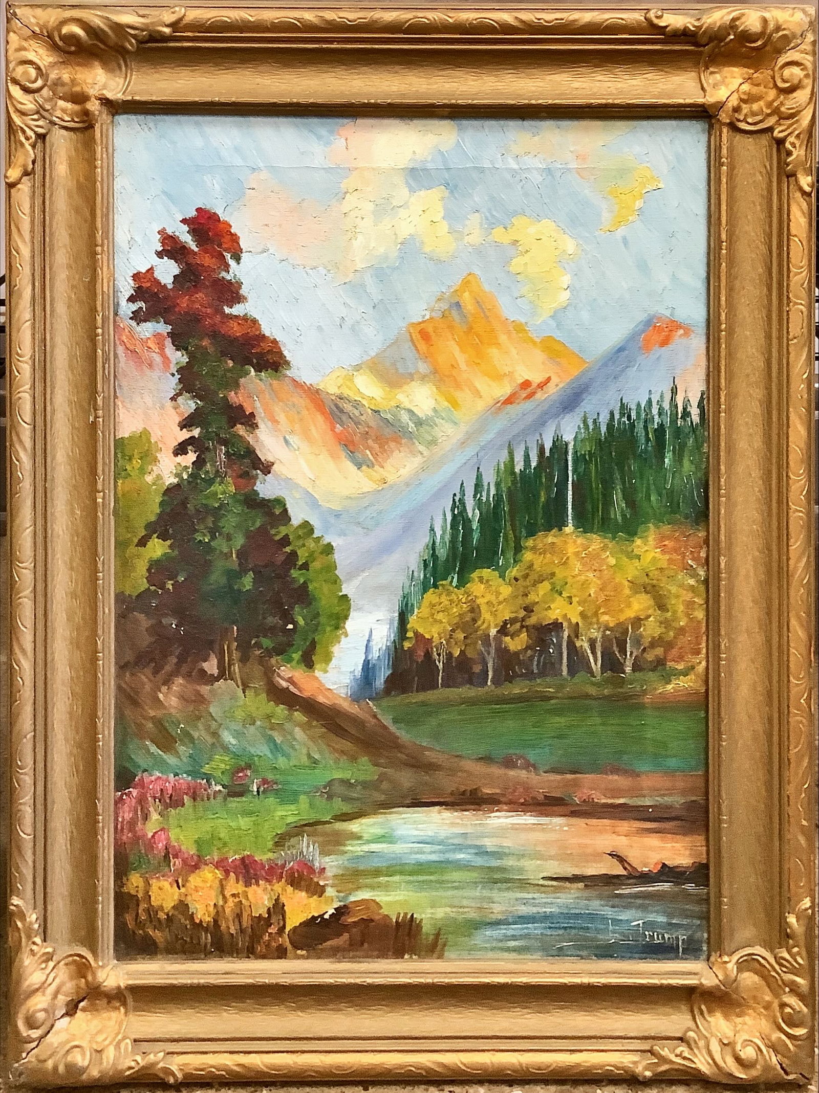 Signed Oil on Canvas, ëMountain Sceneí: Signed Oil on Canvas, ëMountain Sceneí Signed ìL. Trumpî, LR. 11.5îL x 15.5îH, 15.5î x 19.5î overall. Frame base separated at corners and small nicks in paint. 