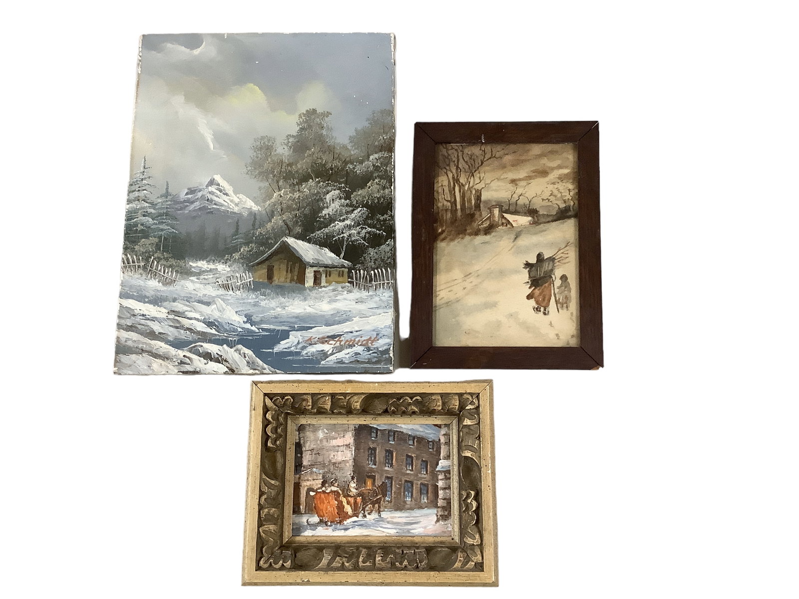 Winter Scenes: Winter Scenes Lot of 3. Includes a framed oil on board , a pastel on board and the largest is an unframed oil on canvas. 11.75î L x 16î H.