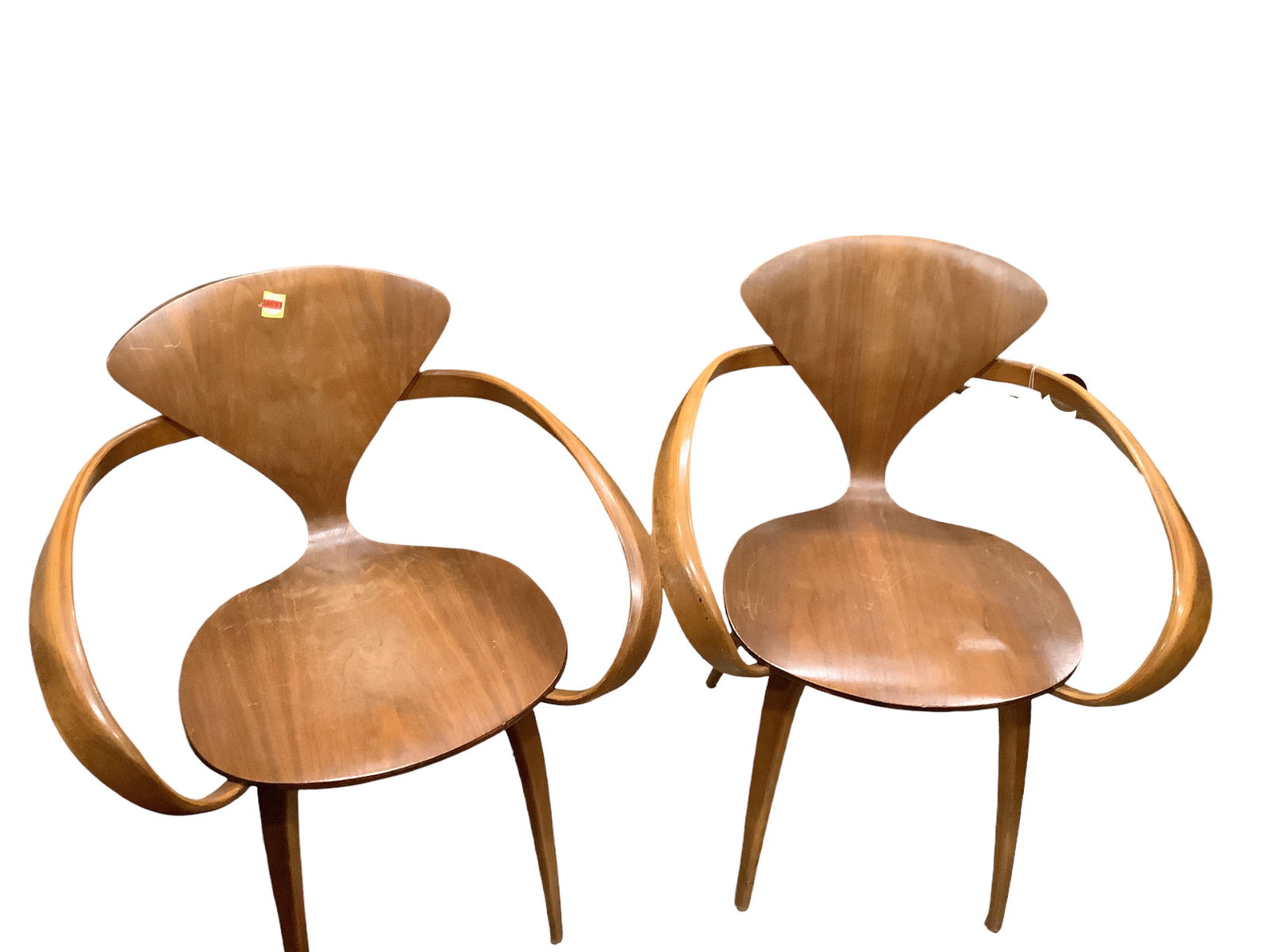 Pair Mid Century Modern Plycraft by Norman Churner Chairs: Pair Mid Century Modern Plycraft by Norman Churner Chairs 29î tall. Finish is somewhat rough.