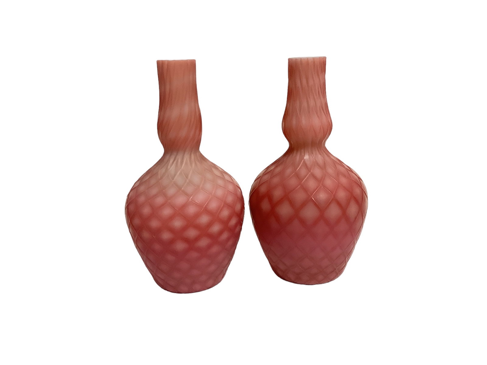 Pink Vases: Pink Vases Pink satin raised quilted pattern glass vases measuring 8î inches in height.