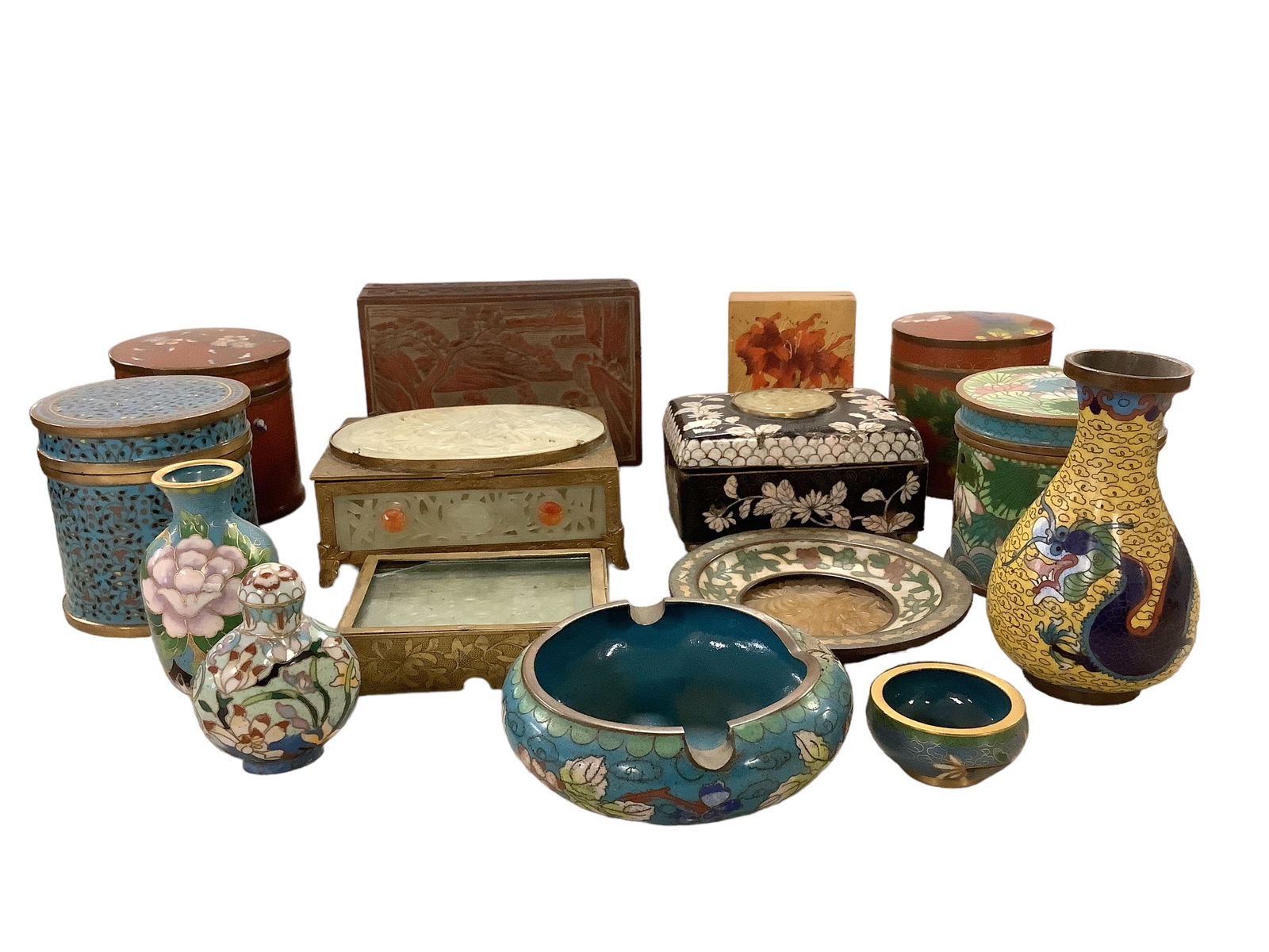 An Assortment of Trinket Boxes, Mini Vases, Perfume, And Ashtray. (1 of 2)