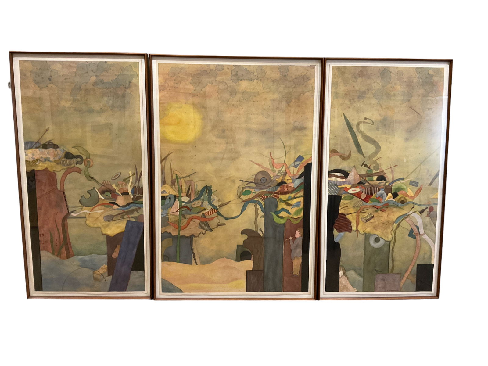 Elie Abrahami, B. 1941, Triptych for Human Life, Watercolor on paper: Elie Abrahami B. 1941 Triptych for Human Life Watercolor on paper Purchased from Pucker Gallery in 1993 for $15,000. Center panel 5í3î x 32î. Center panel is 42î.