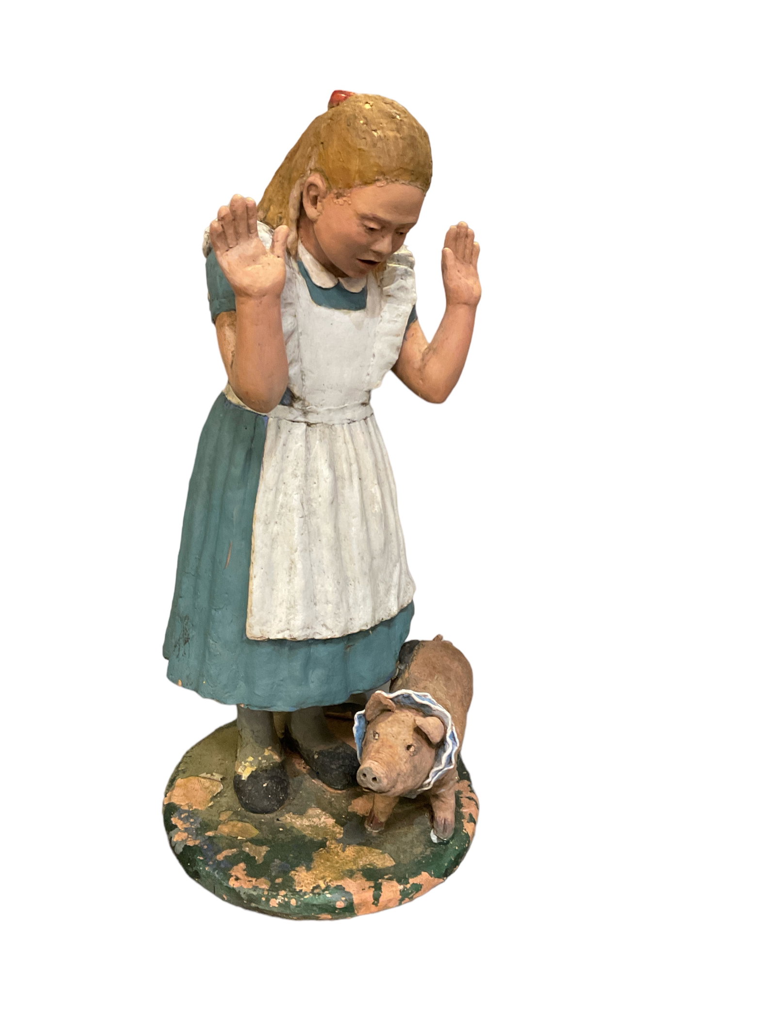 Joan Wobst, 1934-2023, Alice in Wonderland with Pig, Pottery: Joan Wobst 1934-2023 Alice in Wonderland with Pig Pottery Sculpture was part of a chess set. Pig has been repaired . Legs on Alice have been repaired. 29î