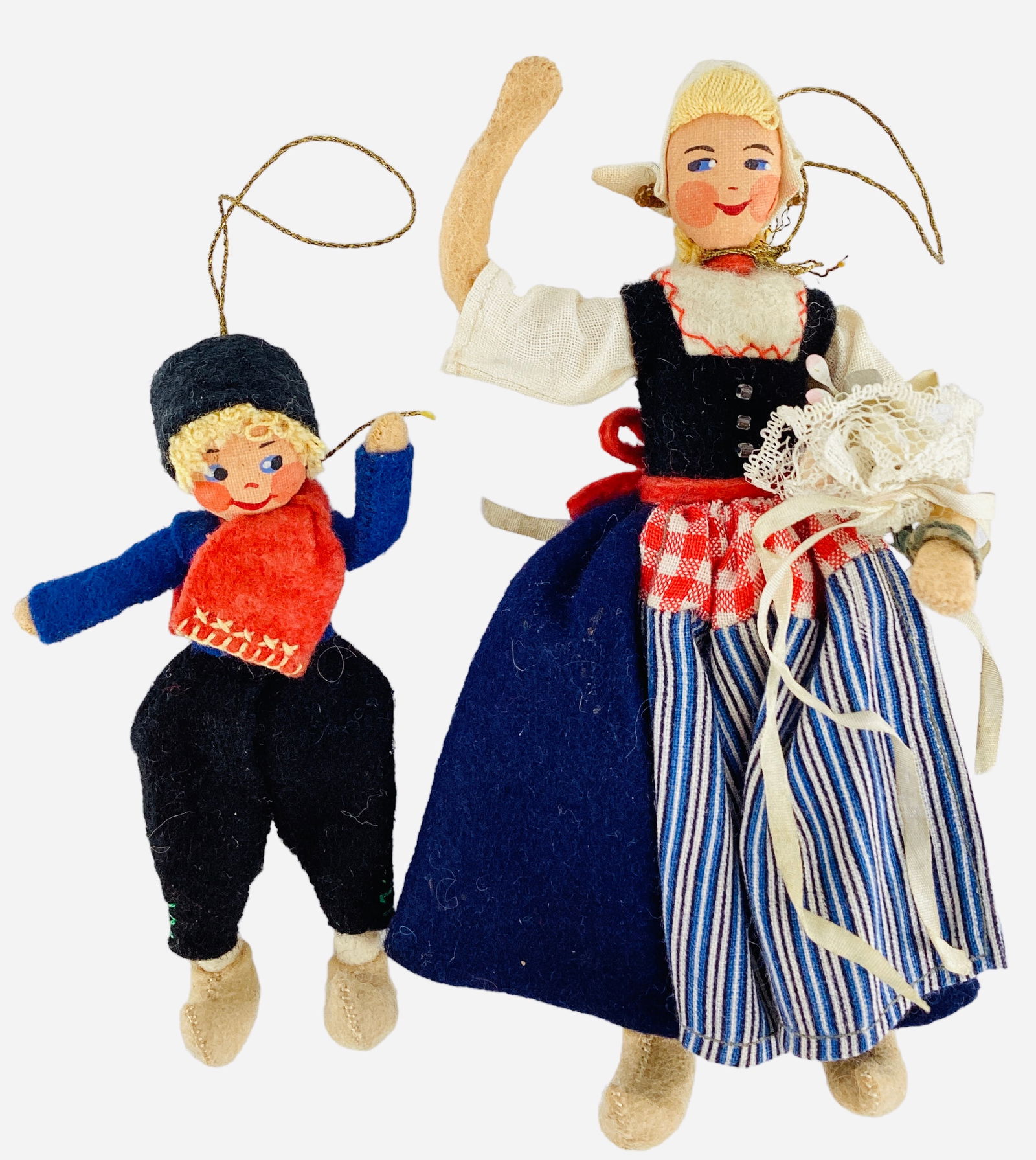 Vintage German BAPS "Hans Brinker" set.: Vintage German BAPS "Hans Brinker" set. Includes 4" Hans Brinker and 6" Dutch Lady (Hans' Mother). Both are made of wool felt over wire with metal feet to accommodate standing. Dolls' faces are painte