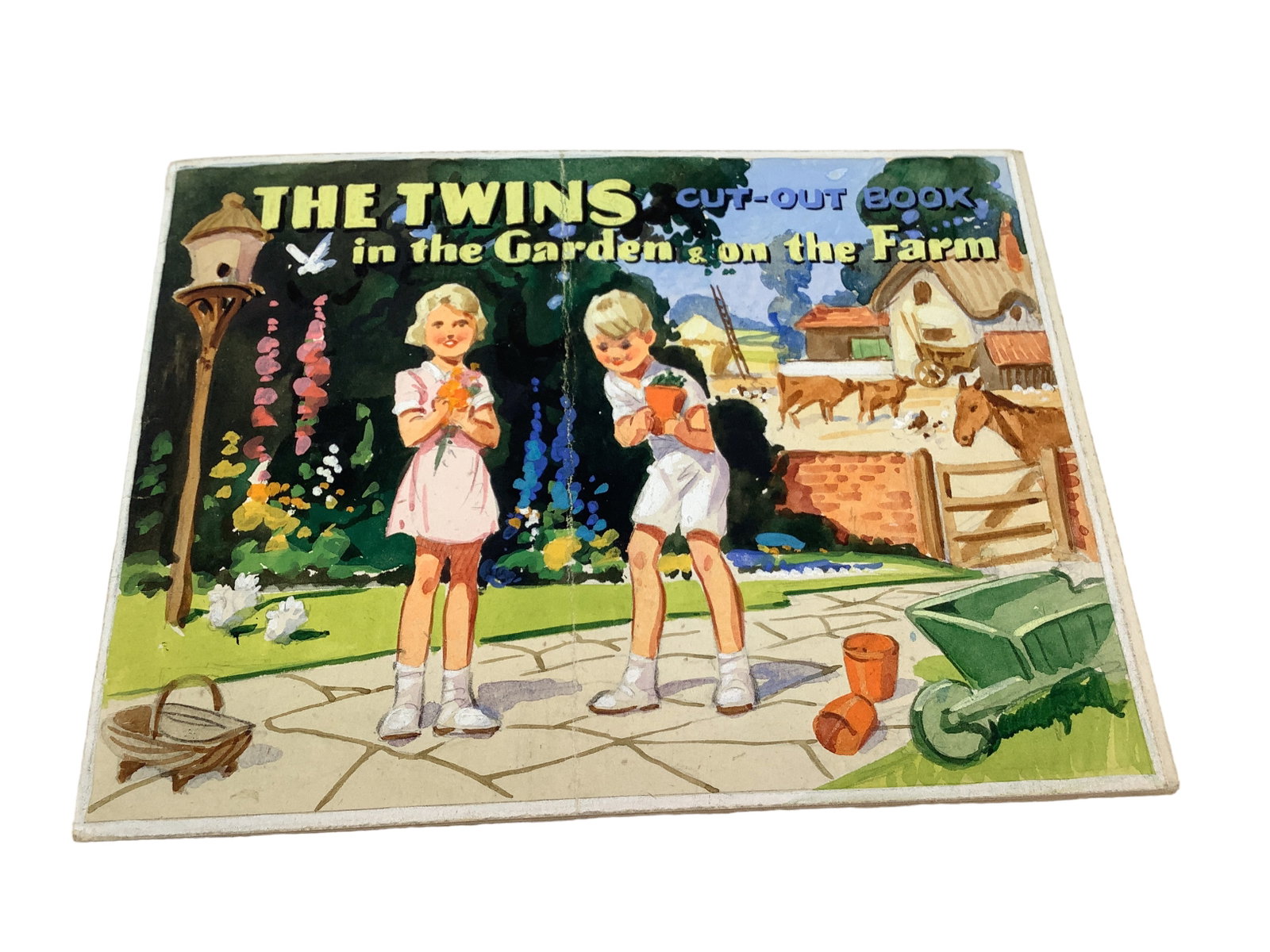 Watercolor prototype for Paper Doll Book "The Twins in the Garden and on the Farm" cut-out book: Watercolor prototype for Paper Doll Book "The Twins in the Garden and on the Farm" cut-out book (1940s-50s). Measures 5 1/2" x 6 1/2", six page watercolor prototype. The cover depicts a scene of child