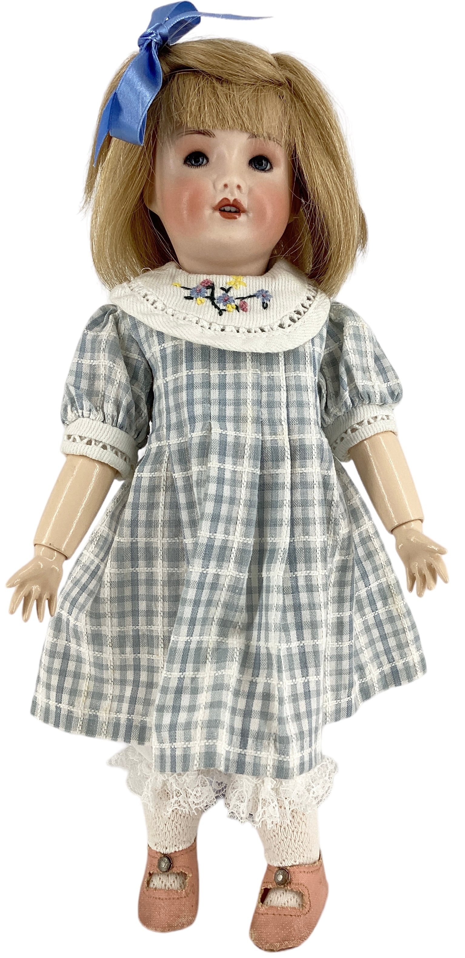 Reproduction Unis "Rosette".: Reproduction Unis "Rosette". Bleuette's big sister, 14" bisque socket head doll with human hair wig, stationary glass eyes with eyelashes, open mouth with teeth, on jointed composition body. Doll is u