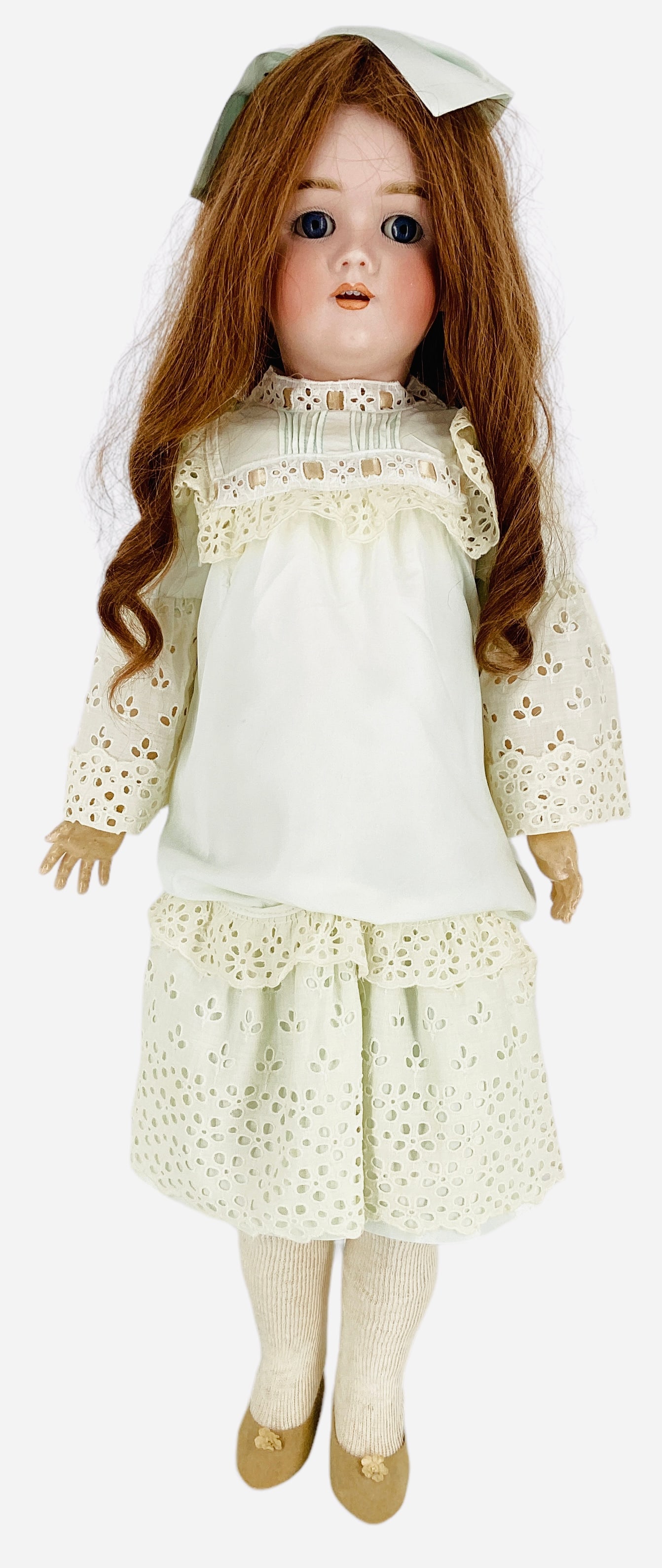 Heinrich Handwerck Simon & Halbig bisque socket head girl.: Heinrich Handwerck Simon & Halbig bisque socket head girl. 27 1/2" doll with replaced human hair wig, glass sleep eyes, pierced ears, open mouth with teeth, on jointed composition body. Bisque has no