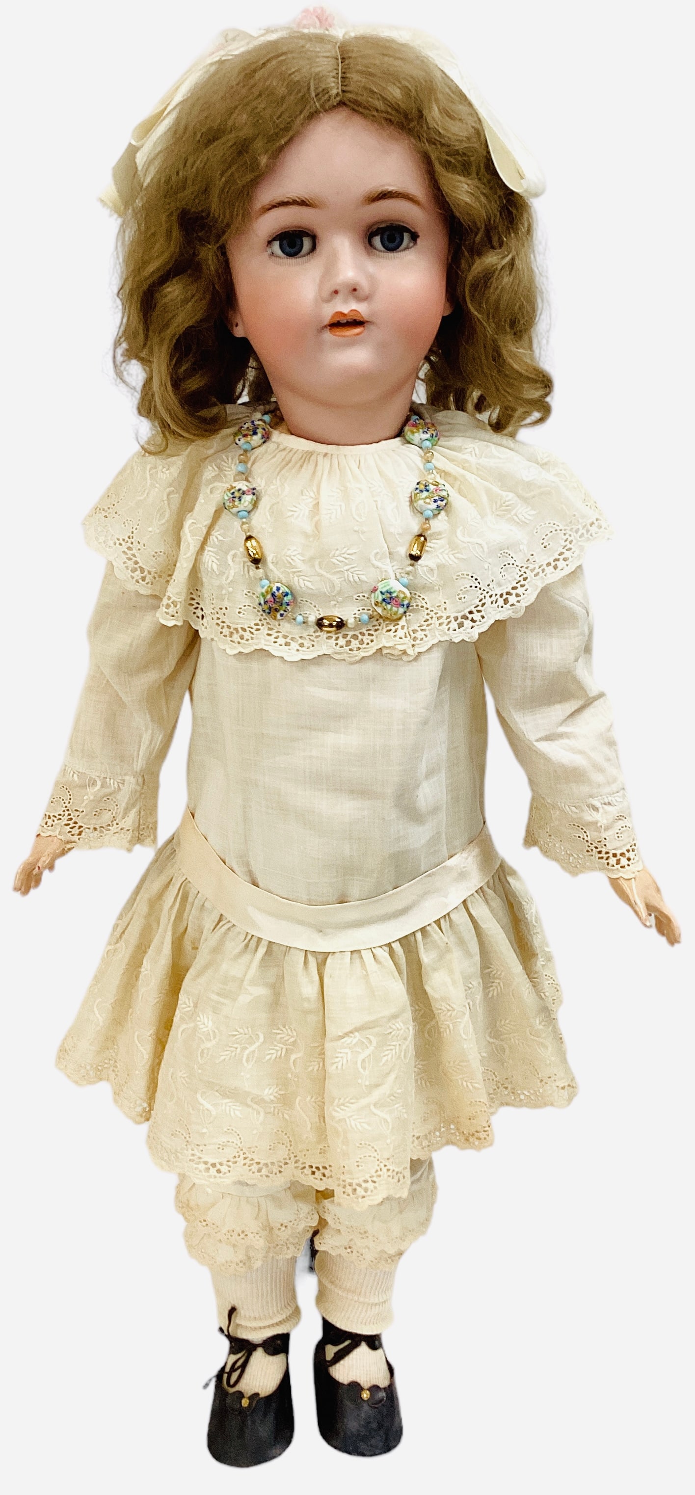 Heinrich Handwerck Simon & Halbig bisque socket head girl.: Heinrich Handwerck Simon & Halbig bisque socket head girl. 28" doll with mohair wig, glass sleep eyes with eyelashes, molded brows, pierced ears, open mouth with teeth, on jointed composition body. Wi