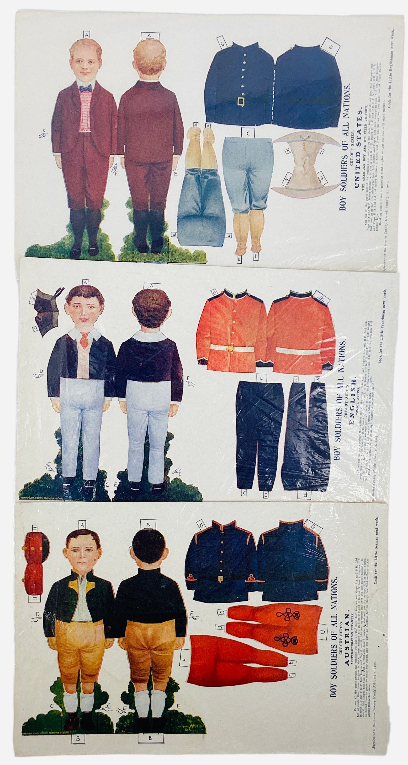 Boy Soldiers of all Nations Paper Dolls: Boy Soldiers of all Nations Paper Dolls Lot of 7. Uncut dolls, supplement to the Boston Sunday Herald. Includes United States (January 15, 1905), English (January 22, 1905), French (January 29, 1905),