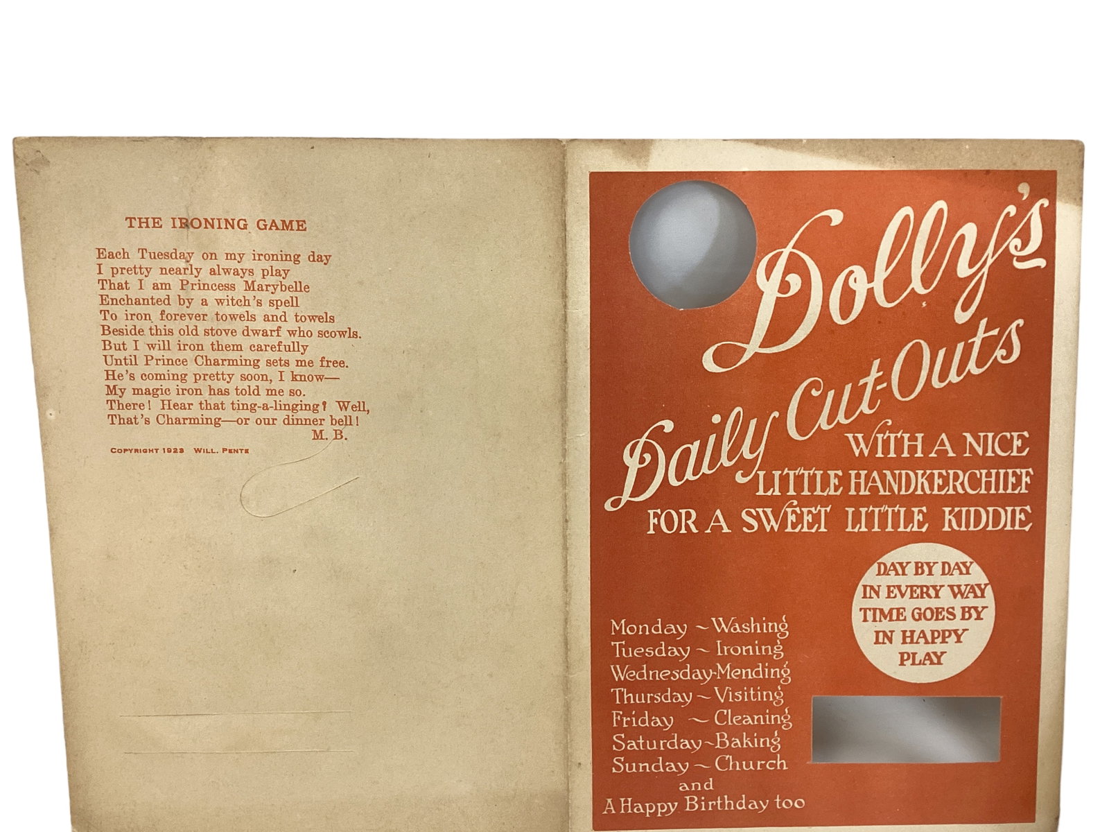 Dollyís Daily Cut-Outs from 1923-1924: Dollyís Daily Cut-Outs from 1923-1924 These were handkerchief cards by Will Pentecost, Chicago. Cards are 7î H x 5î W, designed to have kerchief tucked under dolls arm. They were a seri