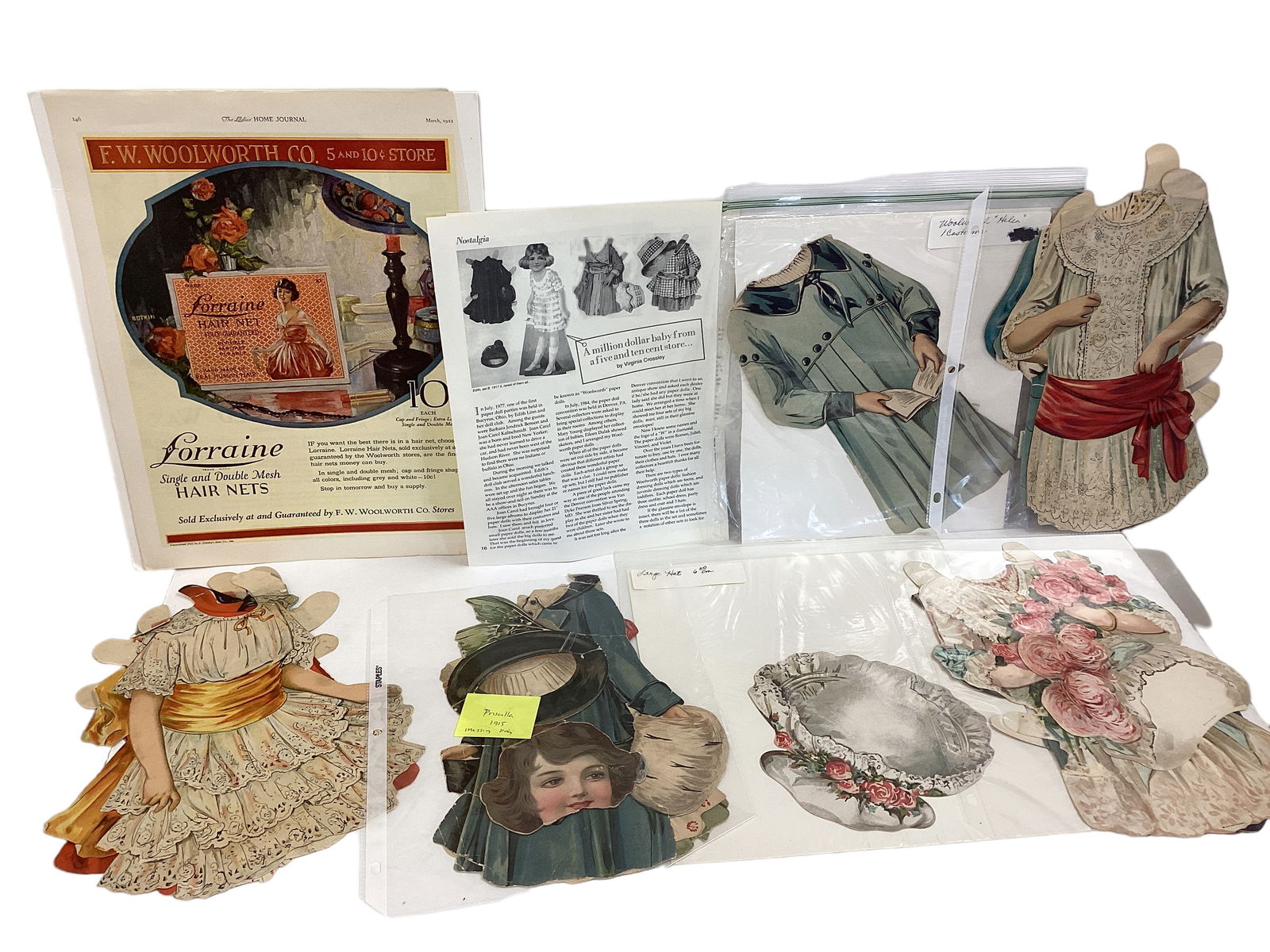 F.W. Woolworth Co. Paper Doll Costumes: F.W. Woolworth Co. Paper Doll Costumes Includes costumes for Alice, Pricilla, Helen. Costumes are from early 1900ís, they are cut. There is a page from 1922 Ladies Home Journal with ad from Woolw