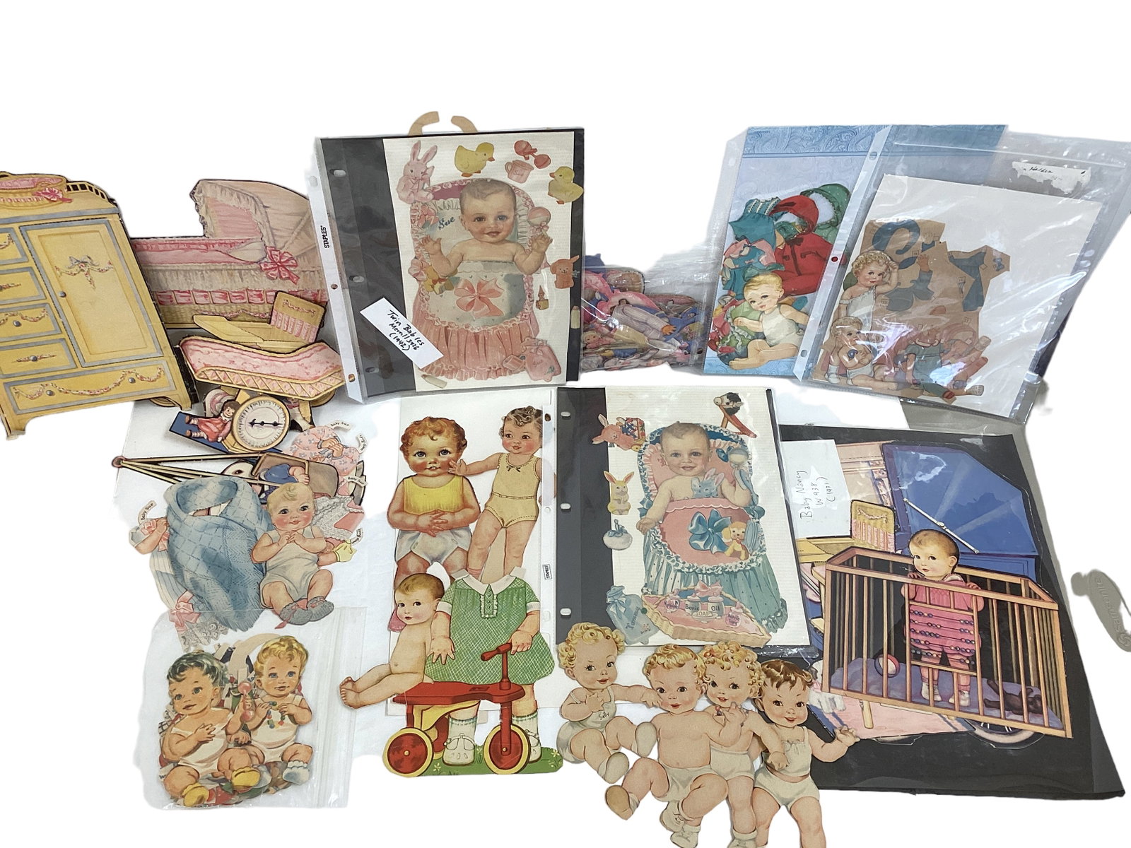 Box of Baby Paper Dolls & Accessories: Box of Baby Paper Dolls & Accessories Vintage cut paper doll babies & toddlers, with clothes & accessories.