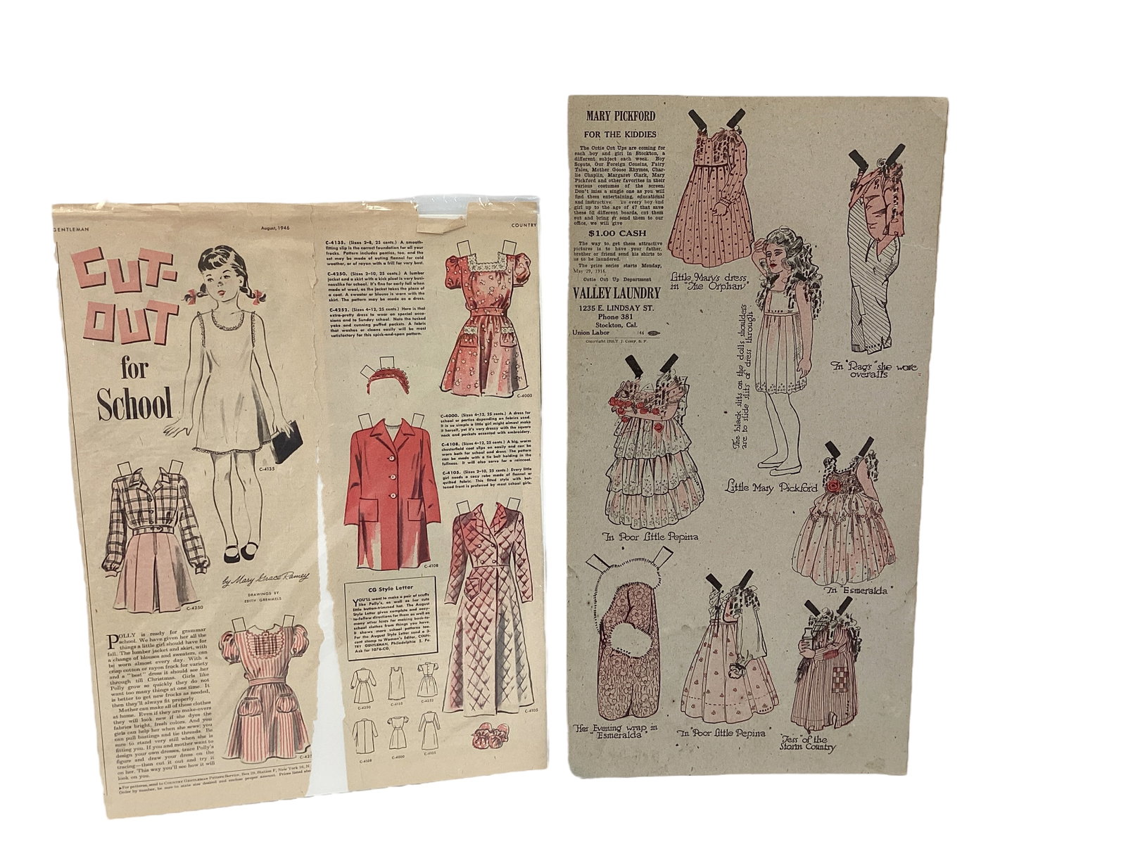 1916 Cardboard Doll of Mary Pickford & 1946 Cut-Out for School Paper Doll: 1916 Cardboard Doll of Mary Pickford & 1946 Cut-Out for School Paper Doll Both uncut, good condition. Mary Pickford doll has 6 costumes from her movies, copyright 1916, advertising done by Valley Laun