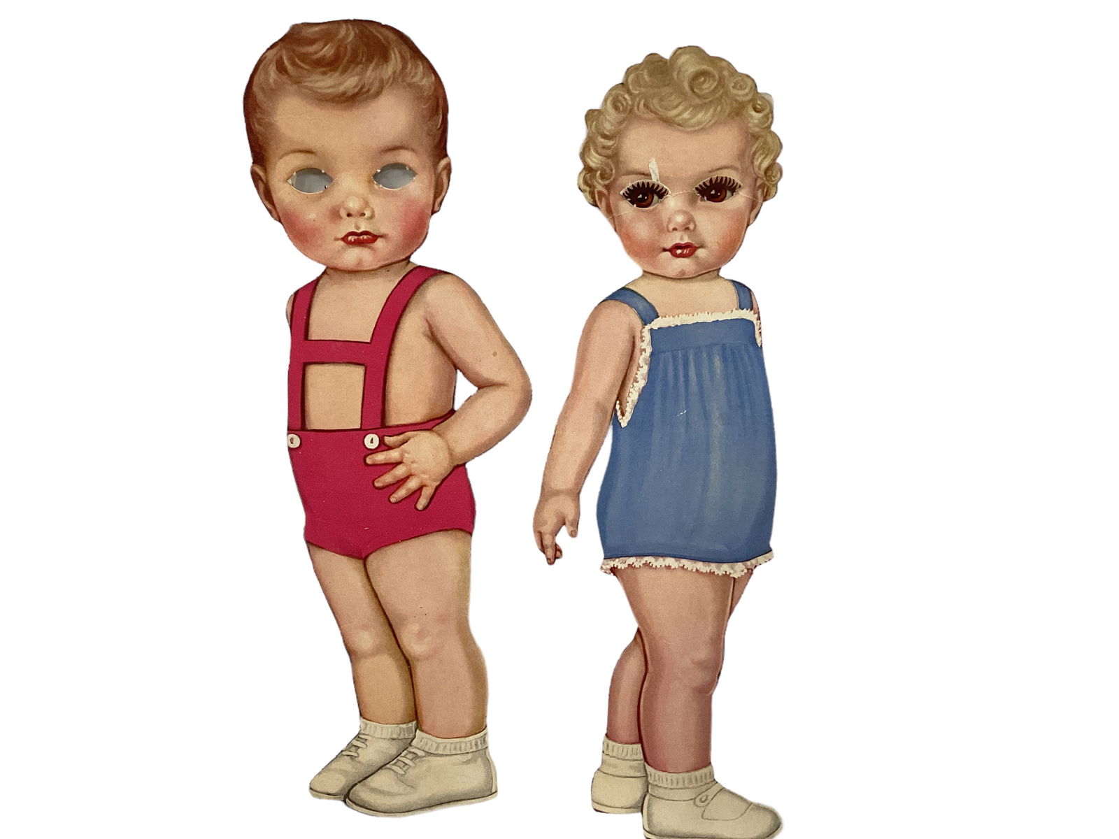 Queen Holden Cut Sleeping Dolls: Queen Holden Cut Sleeping Dolls Boy & girl, she has color missing near right eye. Both have inserts, move up or down for sleeping or awake. 11 outfit plus hats, small tears in a few. Comes with articl
