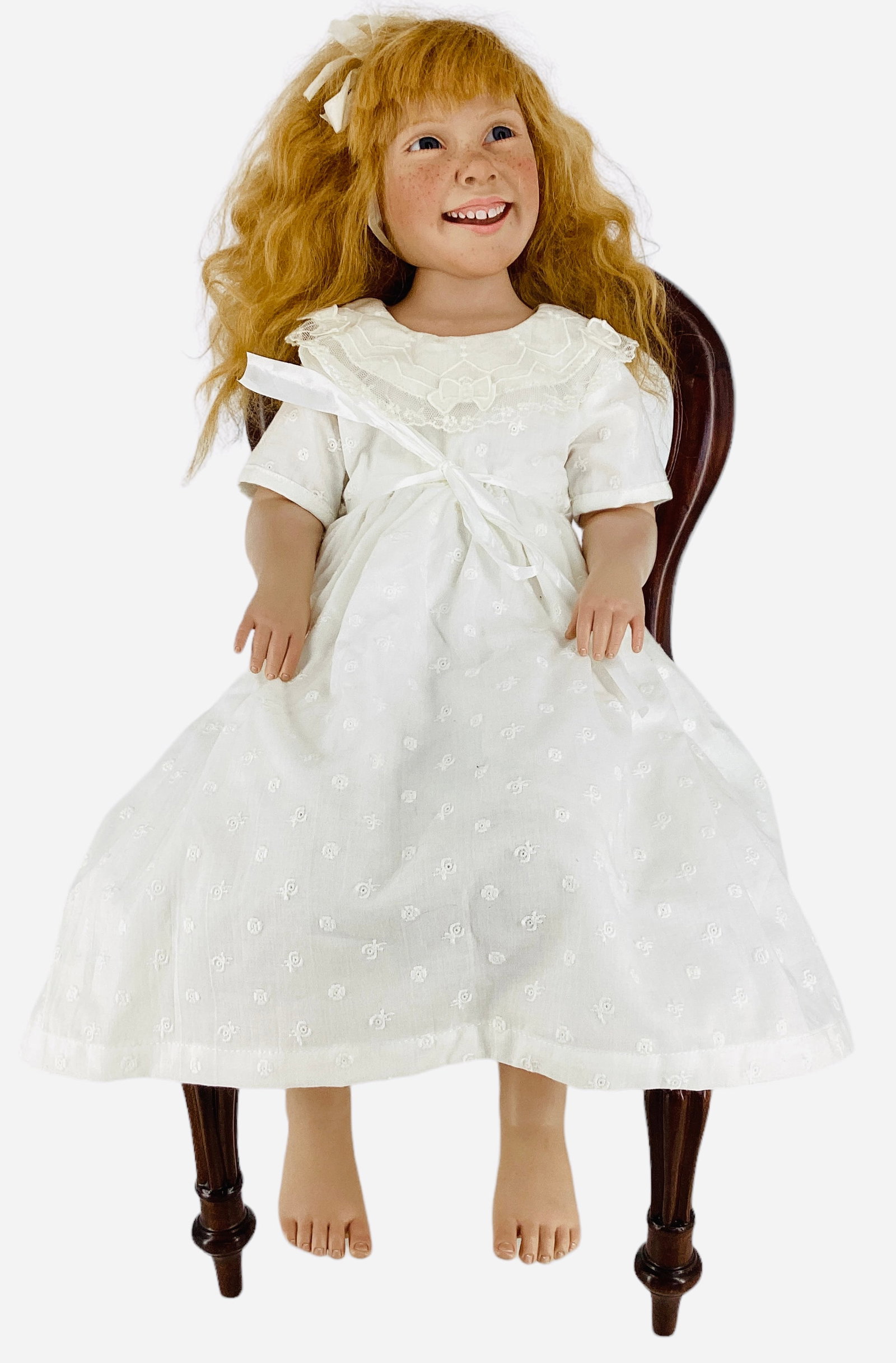Artist designed "Zoe" by Anne Mitrani.: Artist designed "Zoe" by Anne Mitrani. Made for Gotz, 20" doll is in a seated position, vinyl socket head on shoulderplate, cloth torso, vinyl arms and legs, mohair wig, inset glass eyes, open mouth w