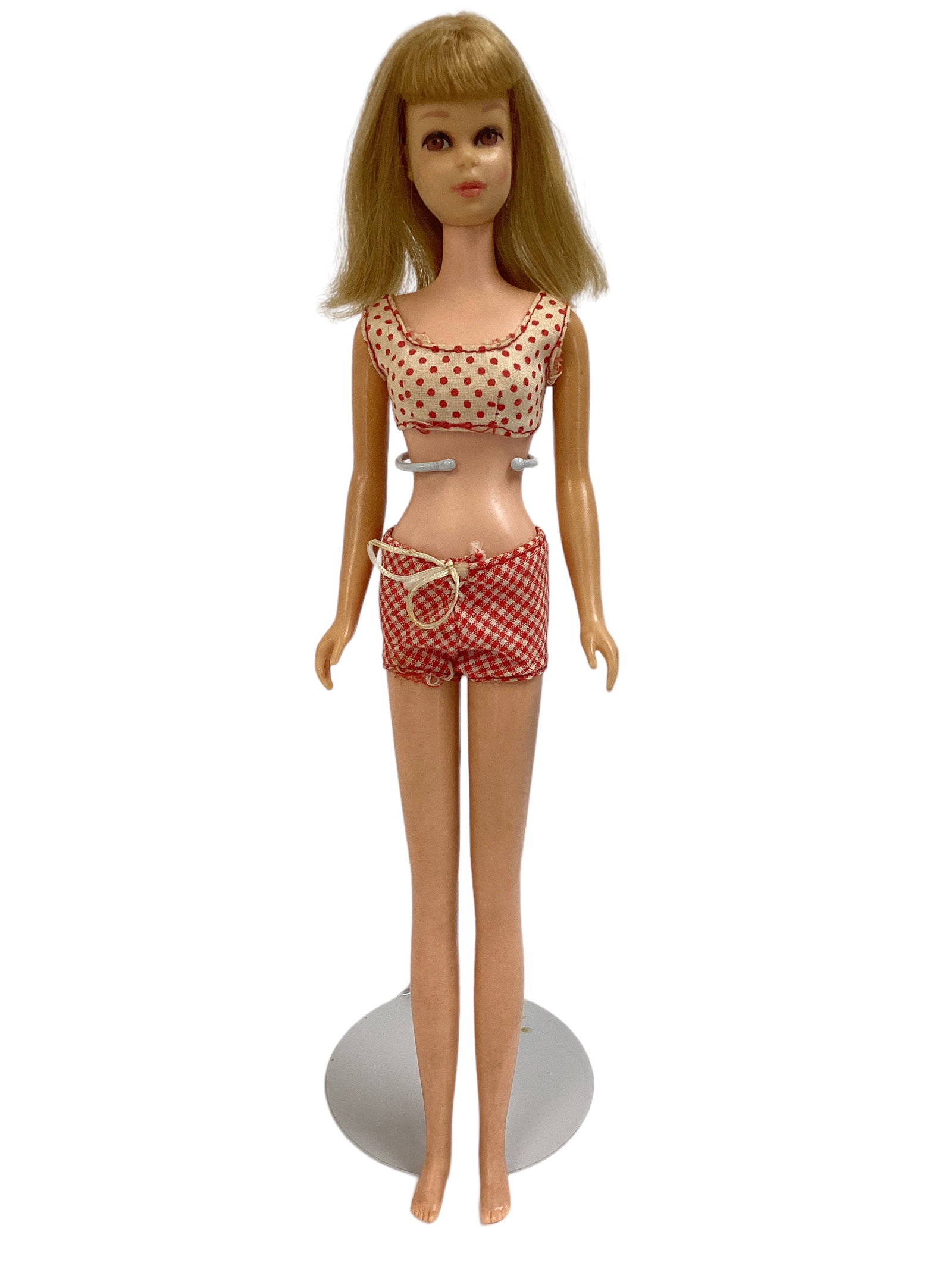 (1) VERY NICE STRAIGHT LEG FRANCIE W/ ORIGINAL BIKINI: (1) VERY NICE STRAIGHT LEG FRANCIE W/ ORIGINAL BIKINI Blond Francie doll is in very good condition (just some surface dirt), straight legs, little bit of blush rubbed off on one side of face. Her red/