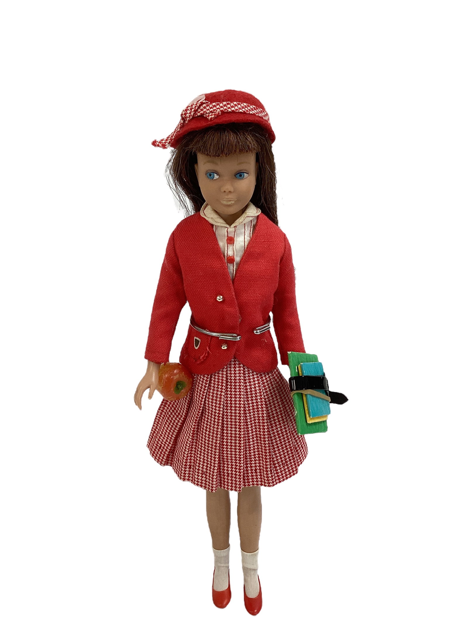 Titan Hair Skipper Doll With School Girl Outfit With Accessories: Titan Hair Skipper Doll With School Girl Outfit With Accessories Skipper doll with Titian hair, all toes and fingers intact, very little lip rub. Skipper is wearing School Girl, red houndstooth pleate