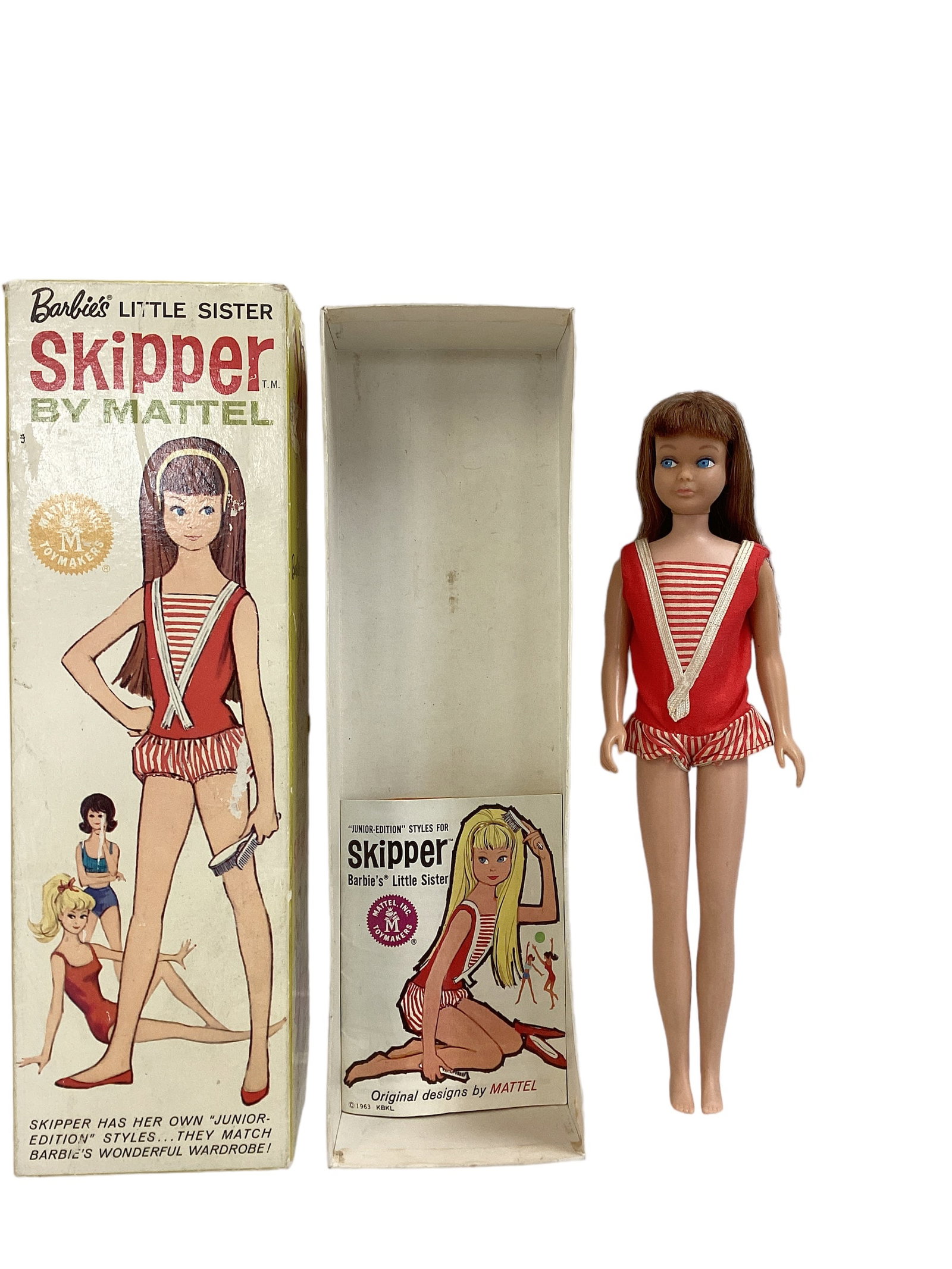 SKIPPER DOLL IN ORIGINAL BOX: SKIPPER DOLL IN ORIGINAL BOX (1) Red hair Skipper in her box including booklet. Skipper looks really good and is wearing her original bathing suit.