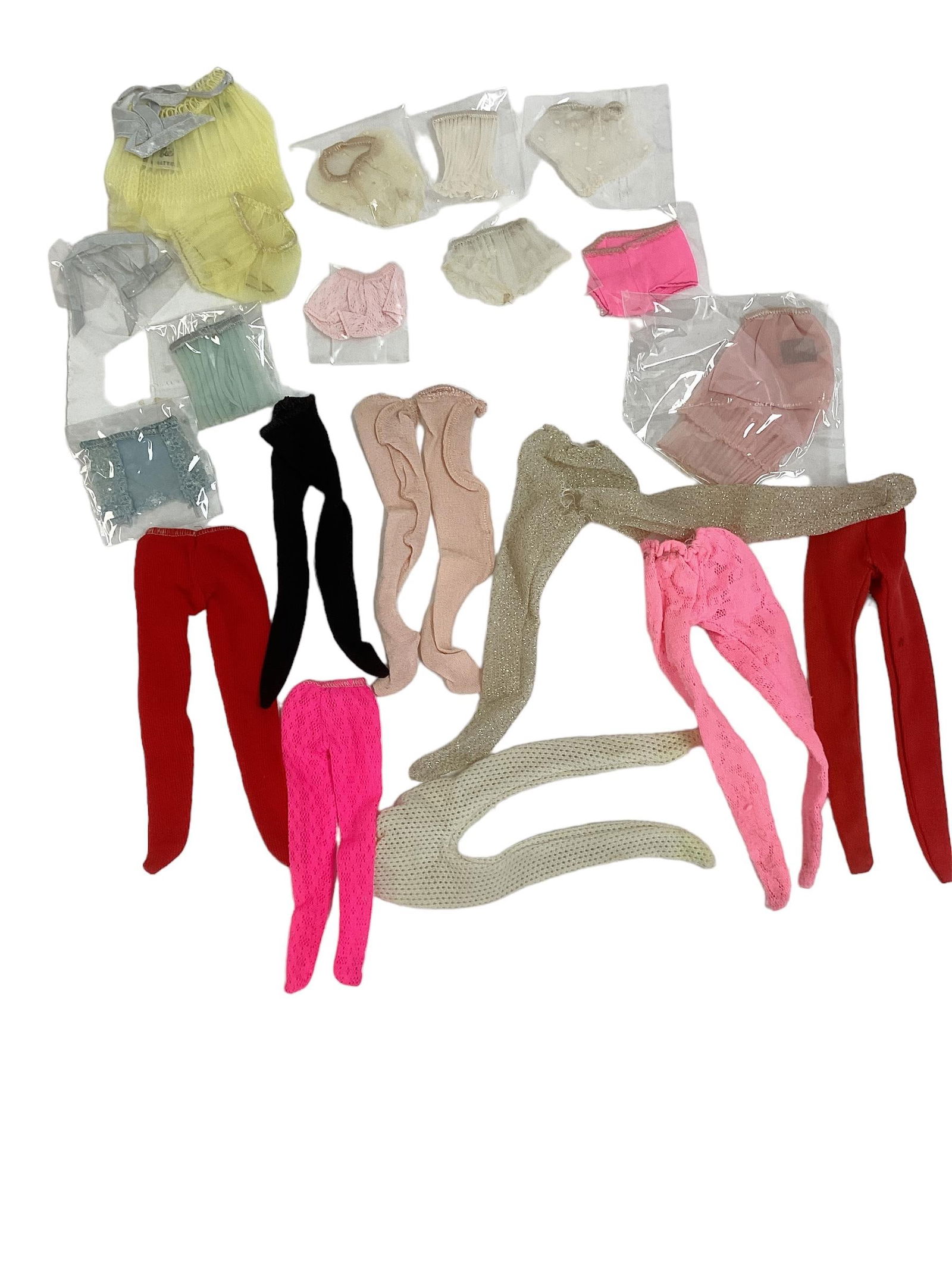 Barbie, Skipper Dolls Lingerie: Barbie, Skipper Dolls Lingerie Tights, panties, garters, skirt, nightie set. Gold tights have split.