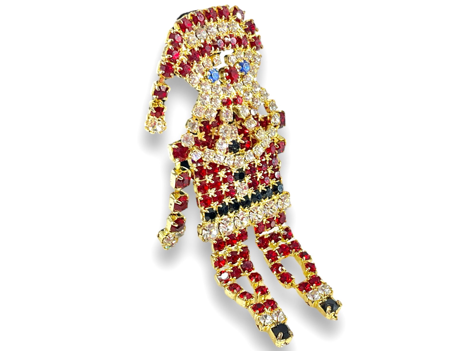 Adorable Rhinestone Santa Pin: Adorable Rhinestone Santa Pin Measuring approx. (3.35î x 1.25î) gold tone base medal pin with arms and legs that move red rhinestone suit with black boots and trim, blue eyes and a beard tha