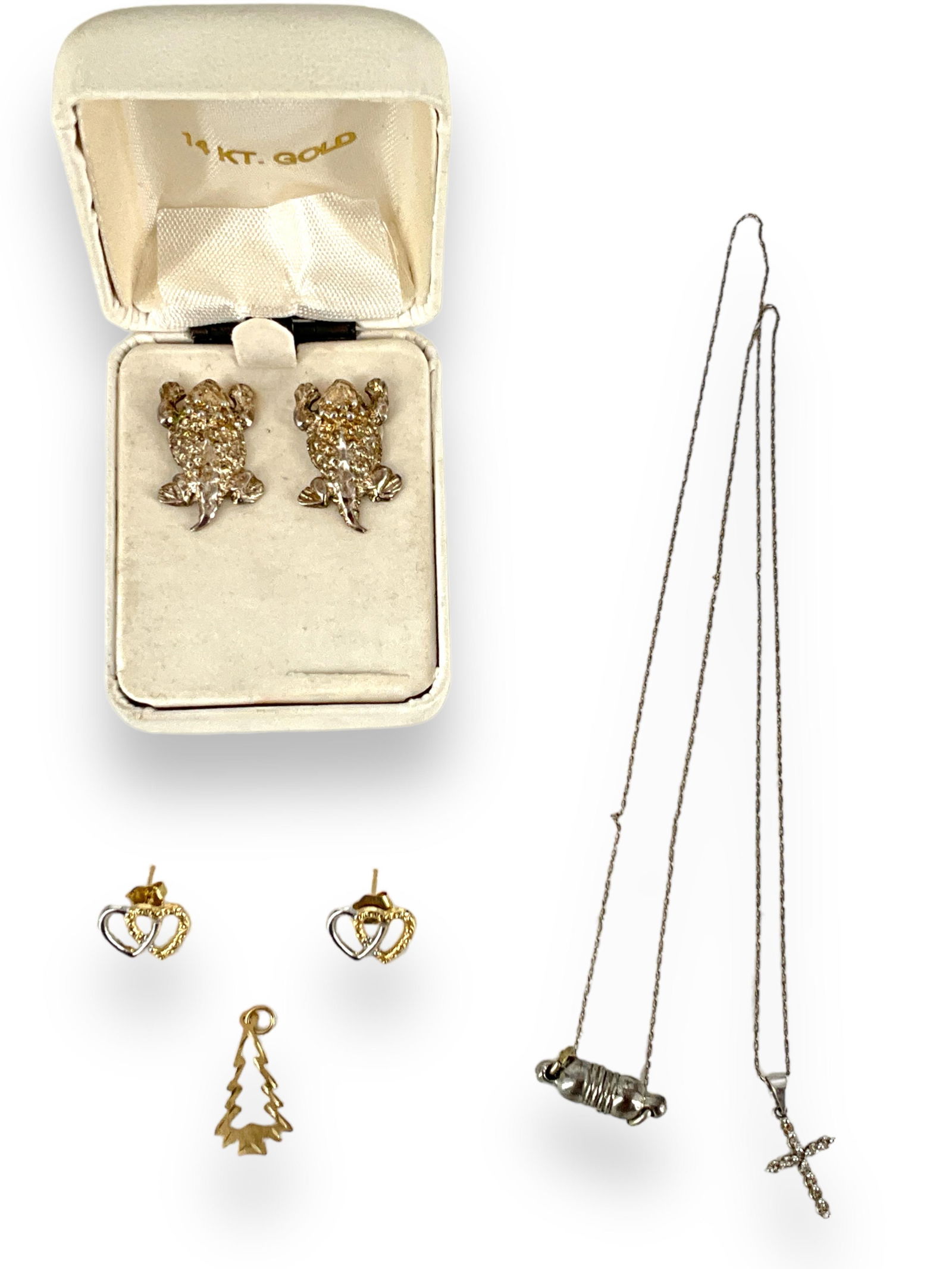 Silver Turtle Earrings, Diamond Cross Necklace, 14k Heart Earrings and a Christmas Tree (1 of 6)