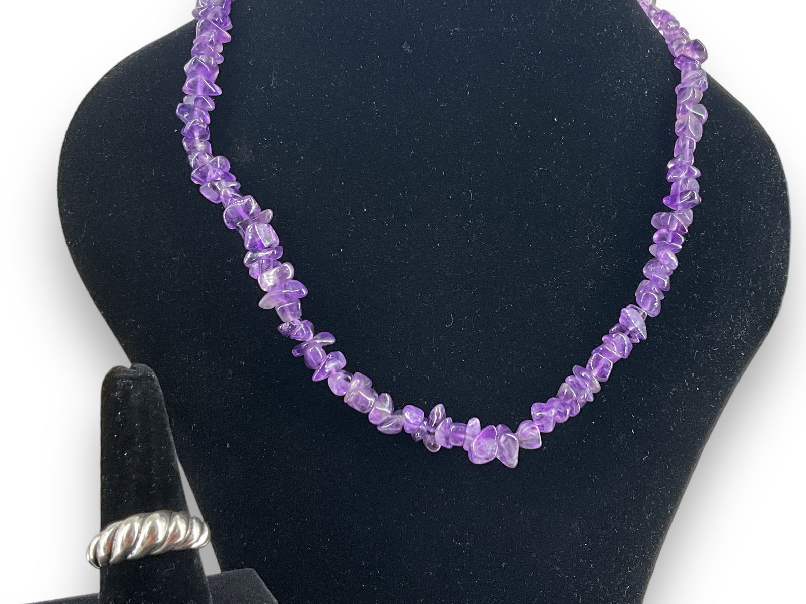 Tumbled Amethyst Necklace and Silver Twist Ring (1 of 7)