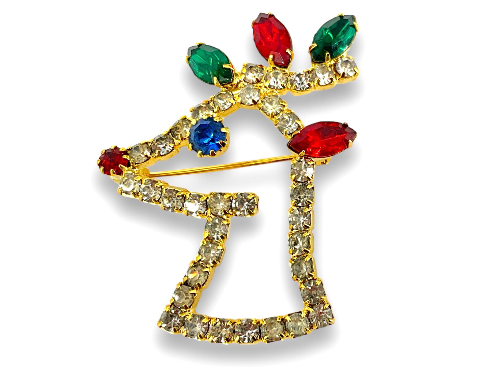 Rhinestone Reindeer Pin: Rhinestone Reindeer Pin Measuring approx. (1.85î x 1.46î) gold tone base medal designs with red noes and blue eye, un known maker, openwork design.