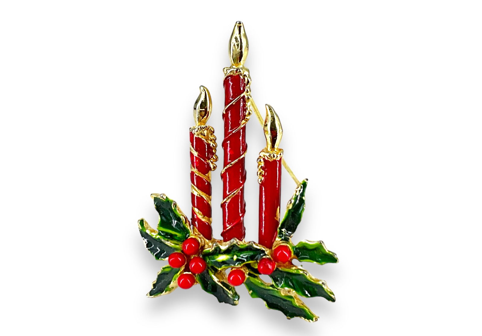 Holiday Candle Pin From Hattie Carnegie: Holiday Candle Pin From Hattie Carnegie Measuring approx. (2.09î x 1.53î) with three painted candles accented with holiday greenery at the base and red beads for holly, signed on the reverse