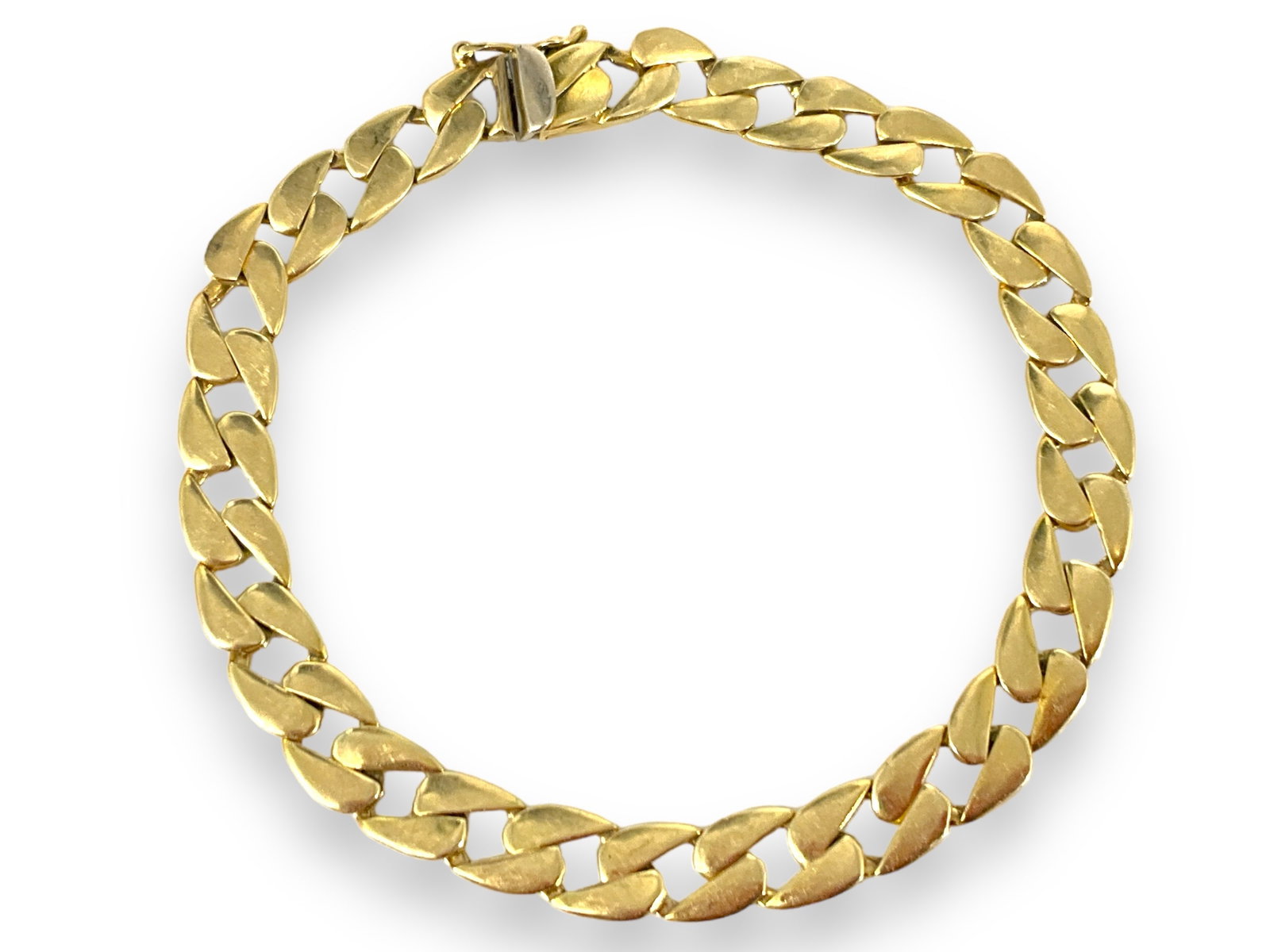 14kt Gold Bracelet: 14kt Gold Bracelet 7.75" in length, 7.0mm width, 12.8 grams total weight, slide clasp closure, polished metal finish.