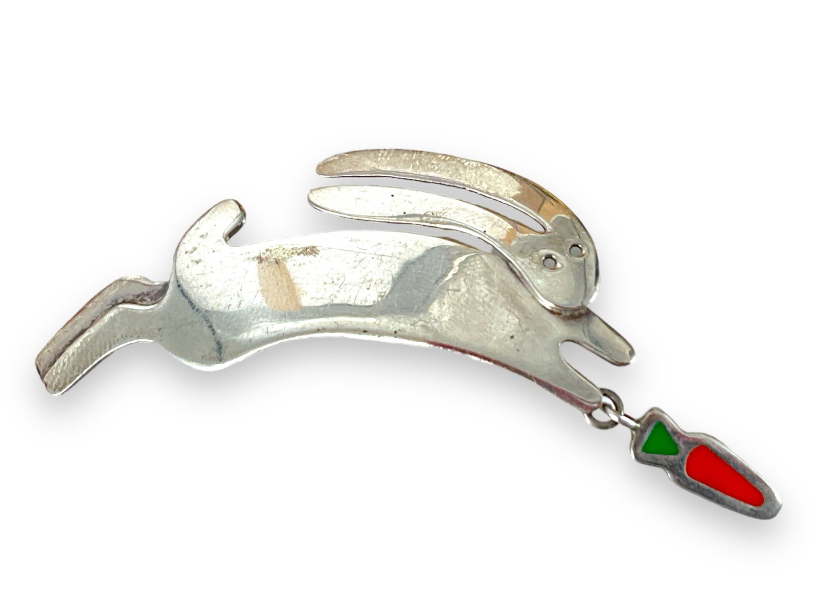 Charming Silver Bunny w/Carrot Pin: Charming Silver Bunny w/Carrot Pin Bunny pin is 2 1/2î wide, is signed, ìA & J Harvey 925 Mexico,î pin tests silver and has a dangling orange enamel carrot, weighs 6.57 grams. Attribute