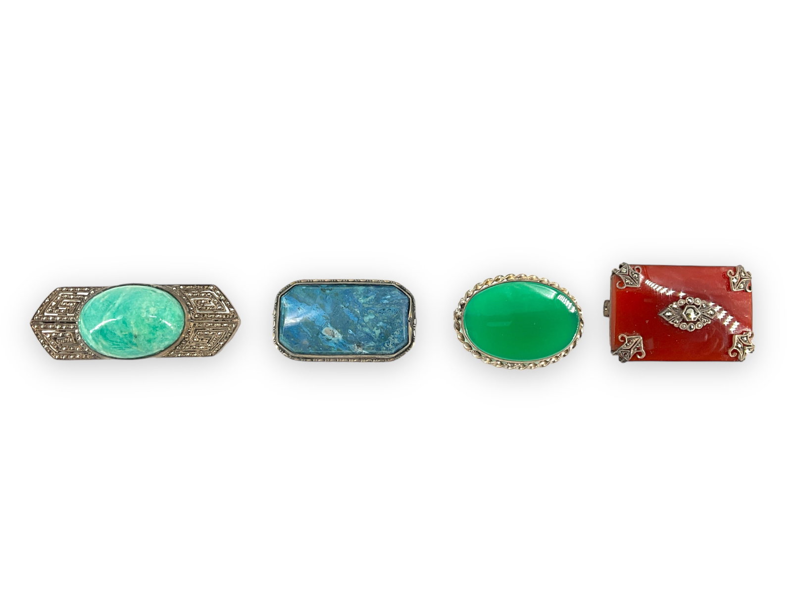 Four Attractive Vintage Pins: Four Attractive Vintage Pins Four pins made of tested silver having carnelian, agate and quartz features, some with marcasite accents, longest one is 2î wide.